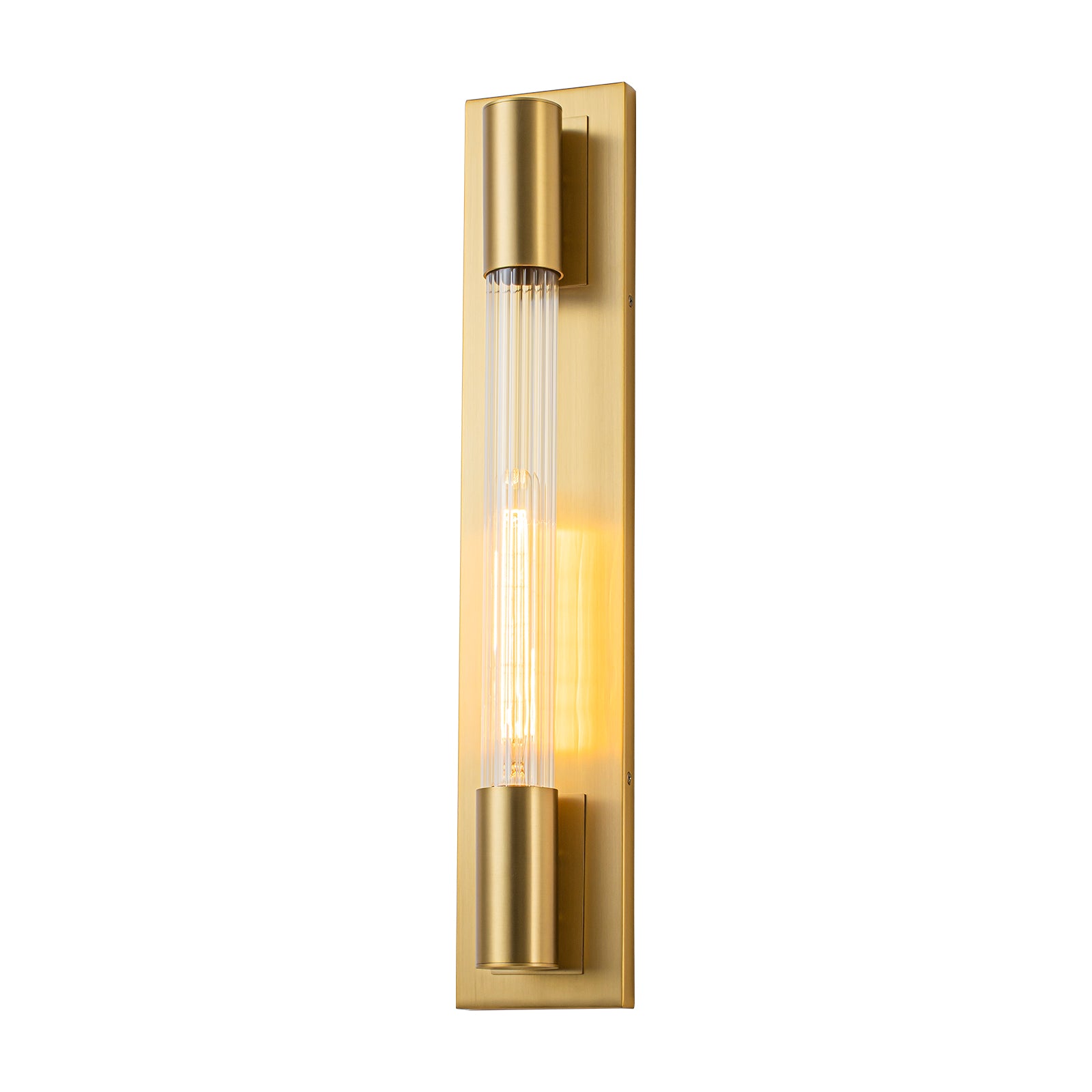 Glowlings 1-Light Modern Brushed Brass Cylinder Ribbed Clear Glass Tube Wall Sconce