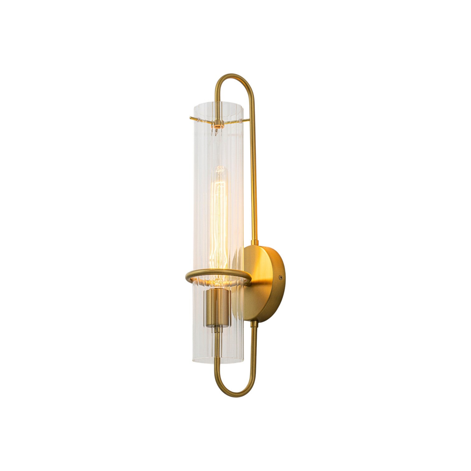 Glowlings 1-Light Modern Brushed Brass Ribbed Fluted Glass Tube U-Shaped Wall Sconce