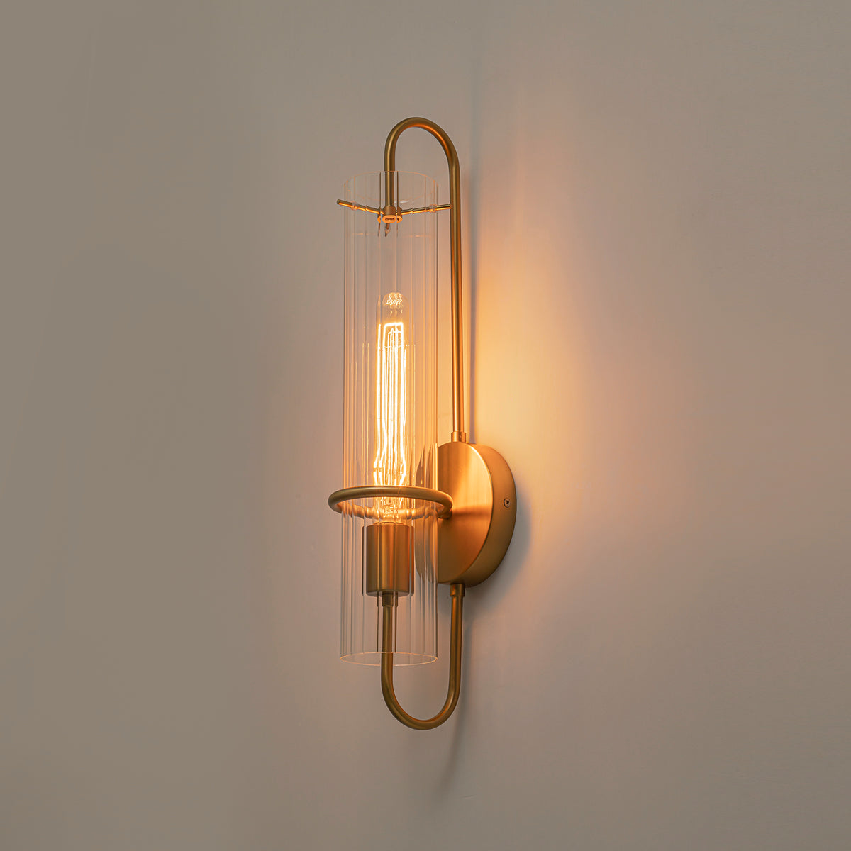 Glowlings 1-Light Modern Brushed Brass Ribbed Fluted Glass Tube U-Shaped Wall Sconce