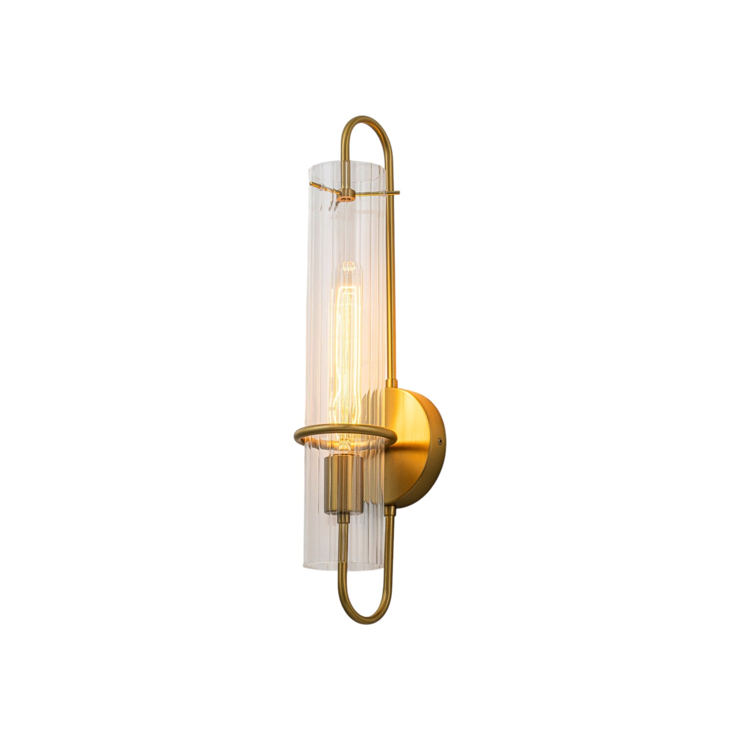 Glowlings 1-Light Modern Brushed Brass Ribbed Fluted Glass Tube U-Shaped Wall Sconce