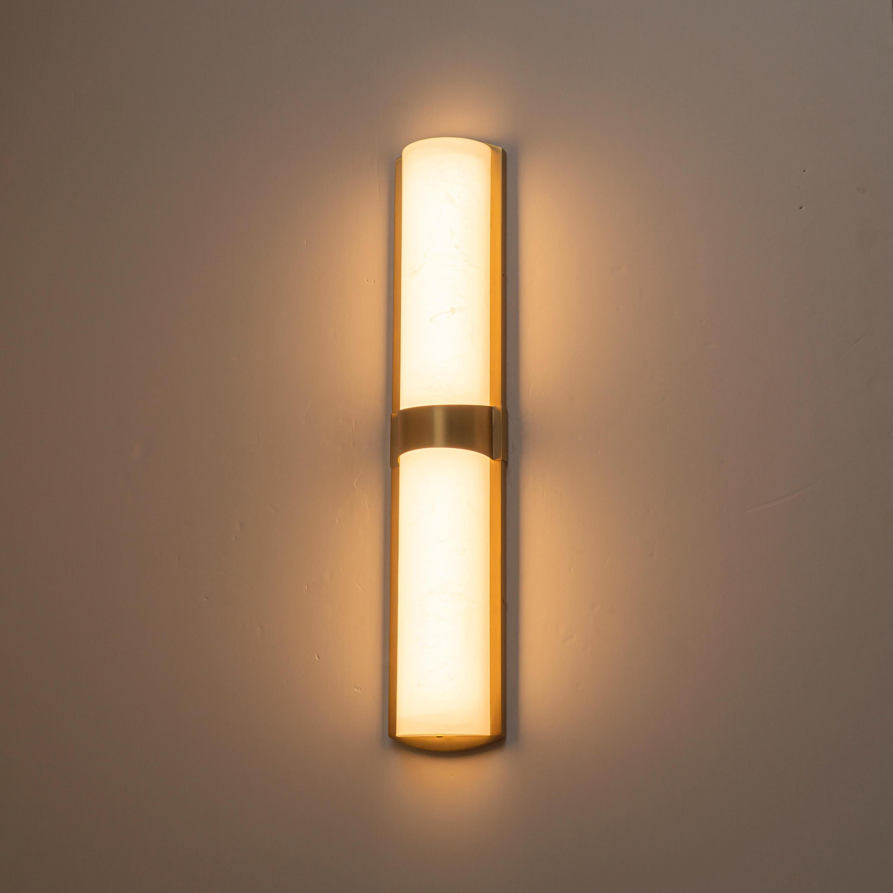 Glowlings 1-Light Modern 26"H Brushed Gold Dimmable Wall Sconce Faux Alabaster Cylinder LED Vanity Light