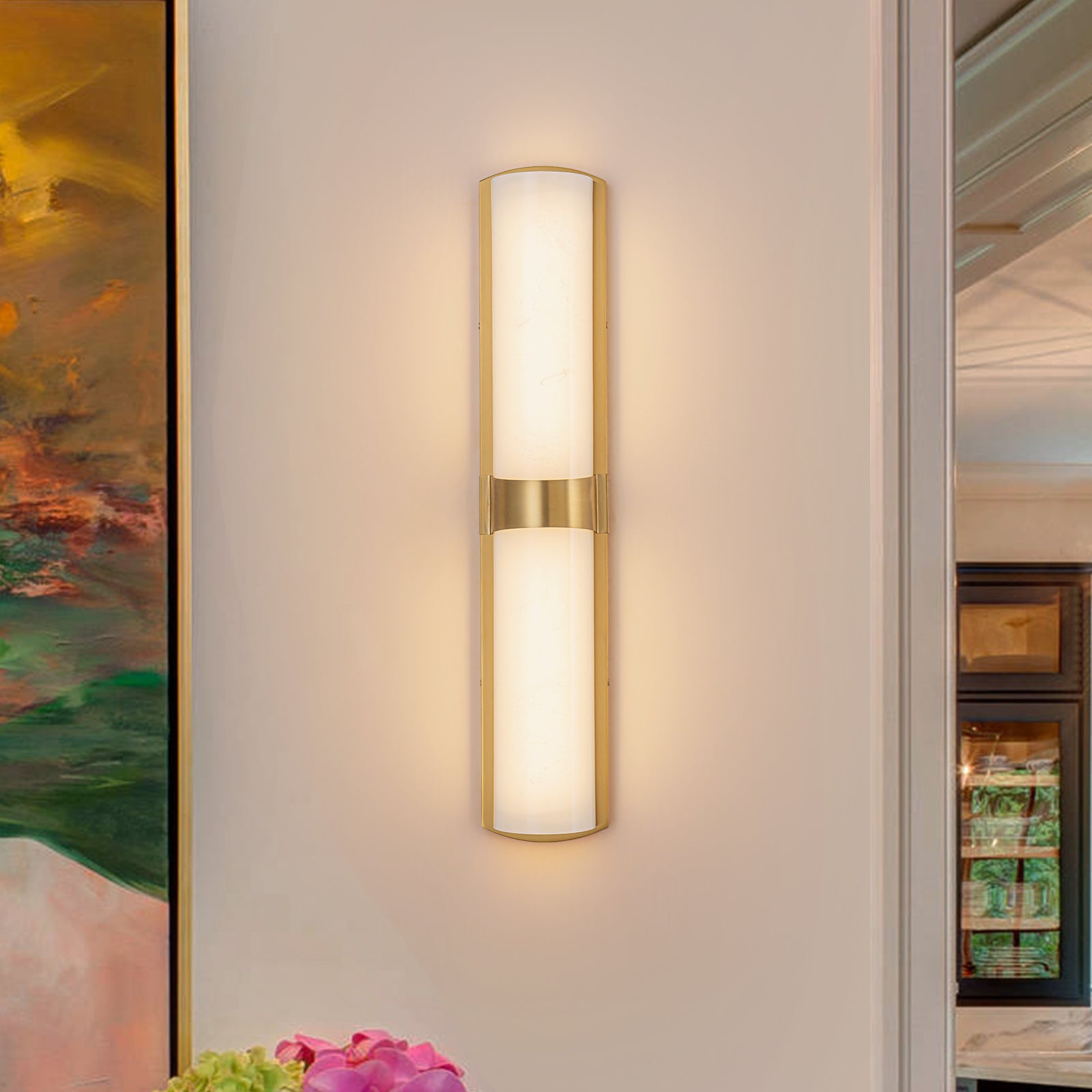 Glowlings 1-Light Modern 26"H Brushed Gold Dimmable Wall Sconce Faux Alabaster Cylinder LED Vanity Light