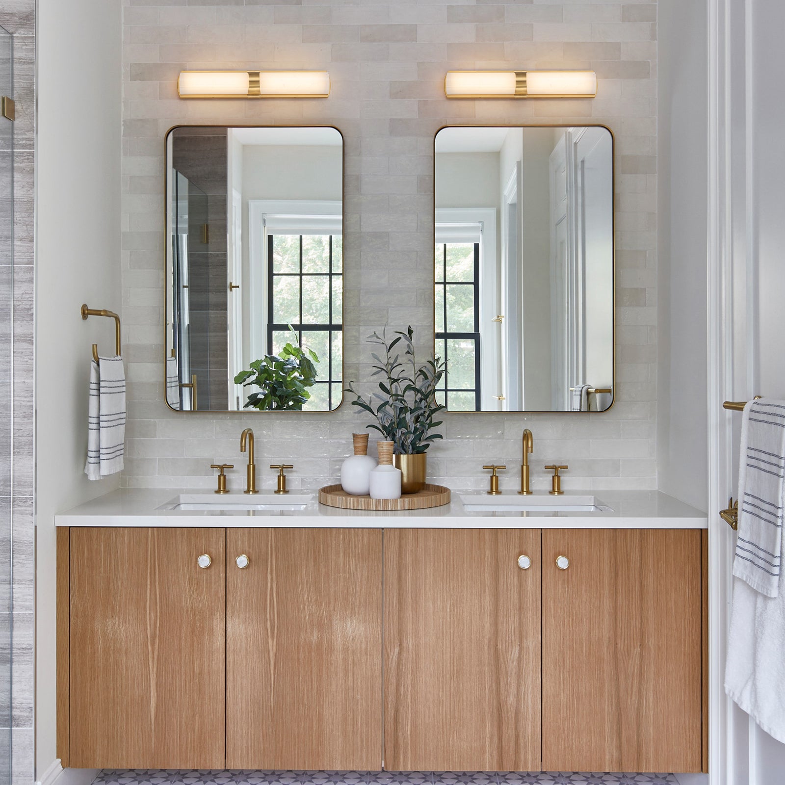 Glowlings 1-Light Modern 26"H Brushed Gold Dimmable Wall Sconce Faux Alabaster Cylinder LED Vanity Light