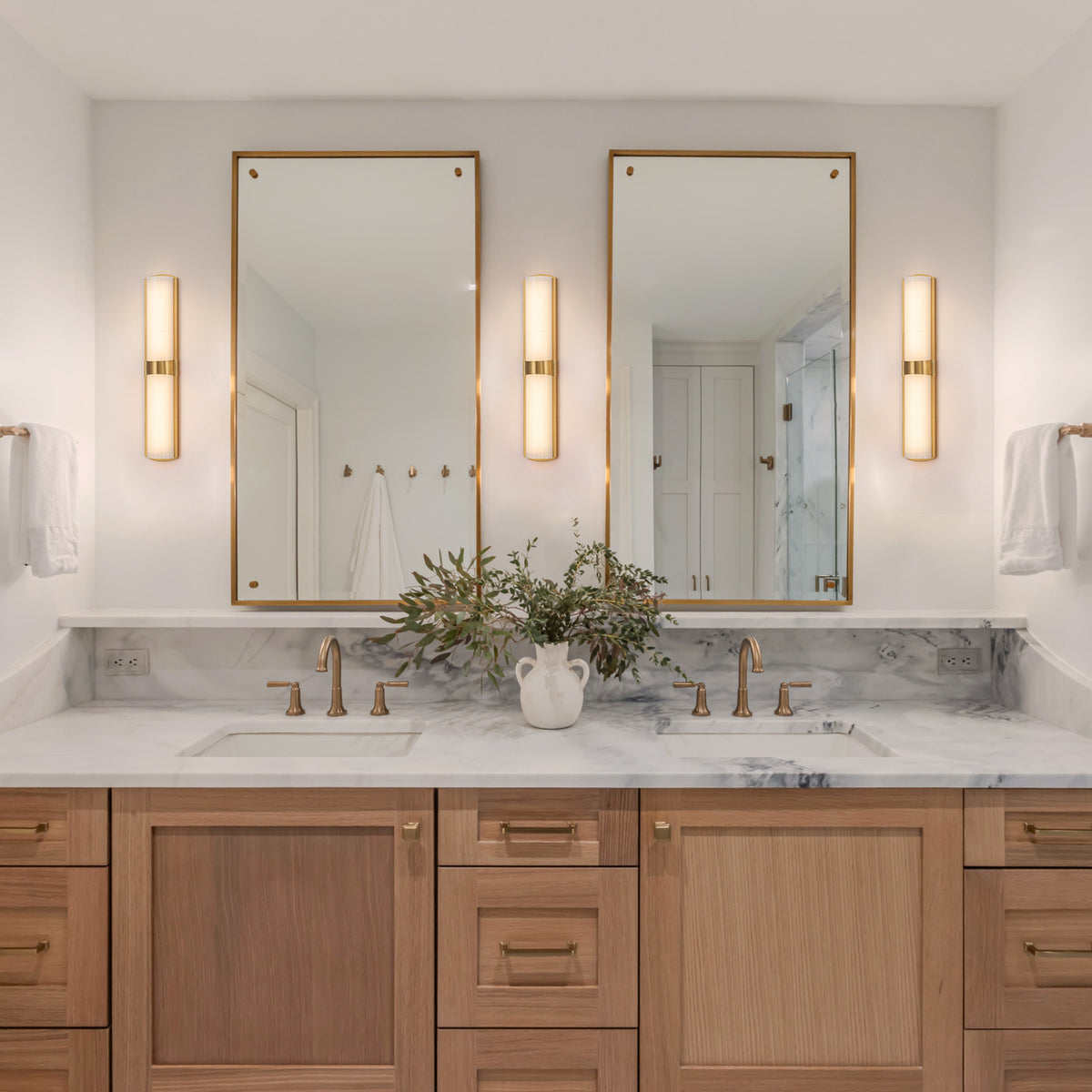 Glowlings 1-Light Modern 26"H Brushed Gold Dimmable Wall Sconce Faux Alabaster Cylinder LED Vanity Light