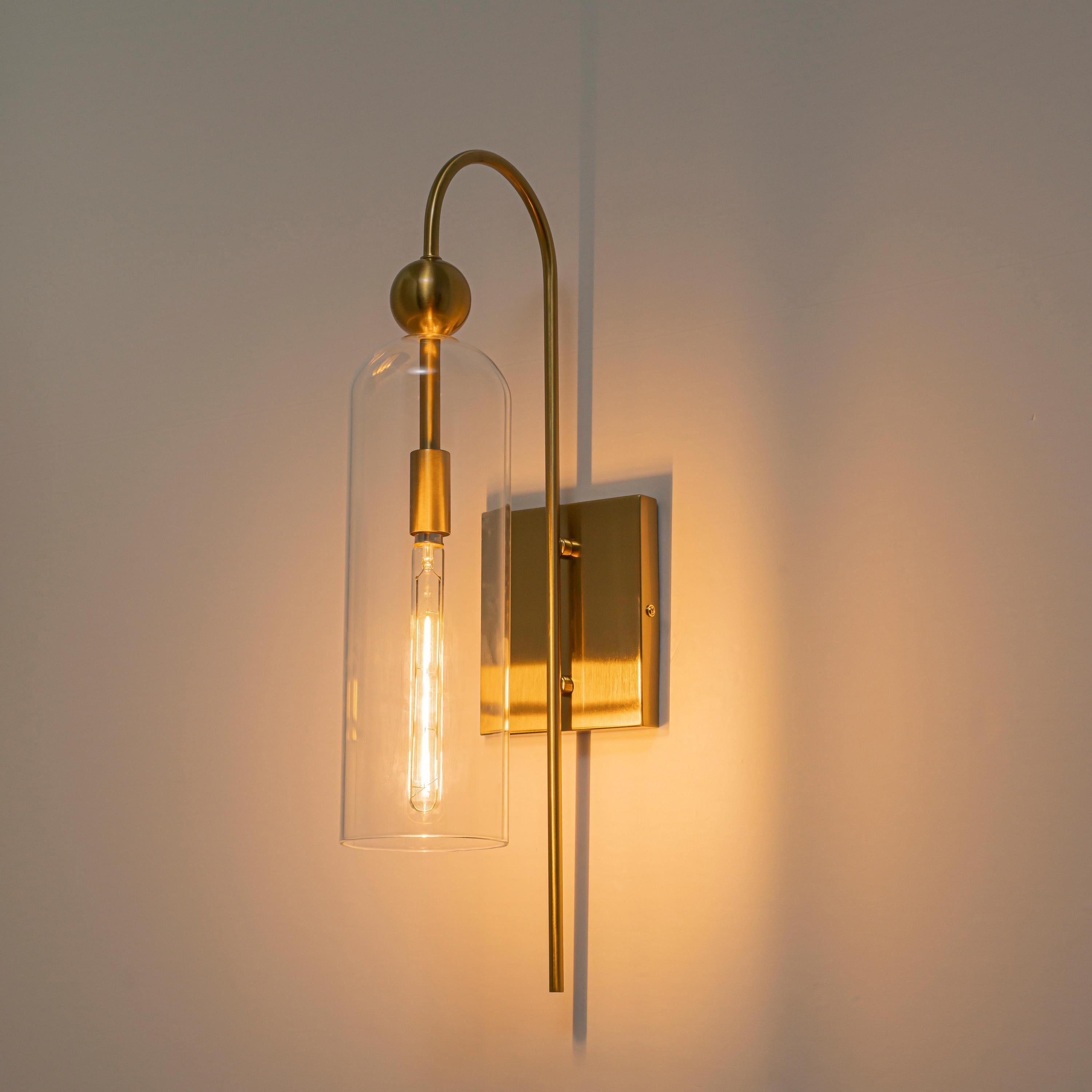 Glowlings 1-Light Luxury Clear Glass Antique Brass Cylinder Wall Sconce Bathroom Vanity & Bedroom Wall Light