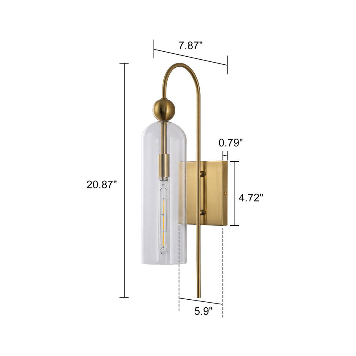 Glowlings 1-Light Luxury 21"High Clear Glass Antique Brass Cylinder Wall Sconce