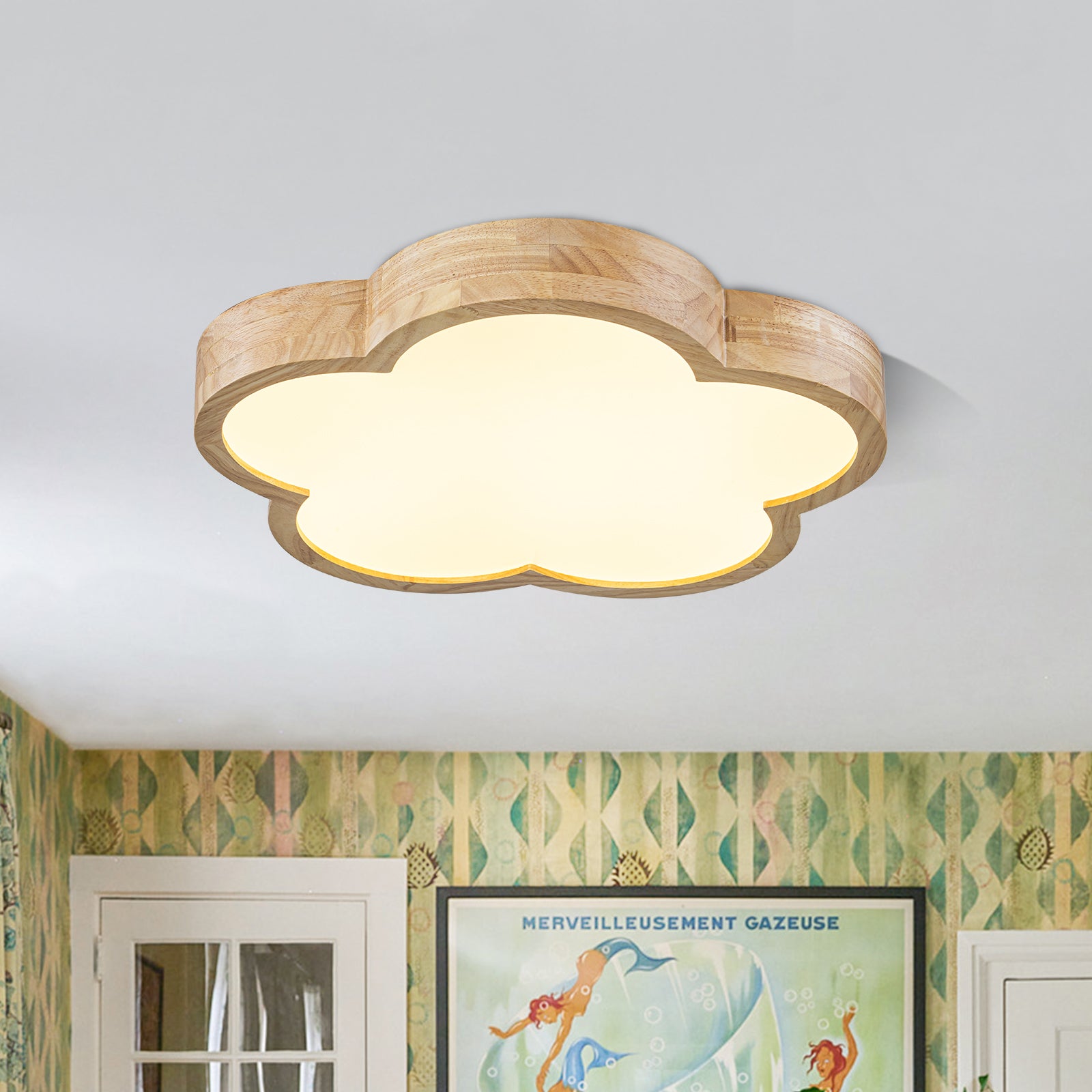 Glowlings 1-Light Modern 19"Wide Cloud-Shaped Organic Wood LED Flush Mount Ceiling Light