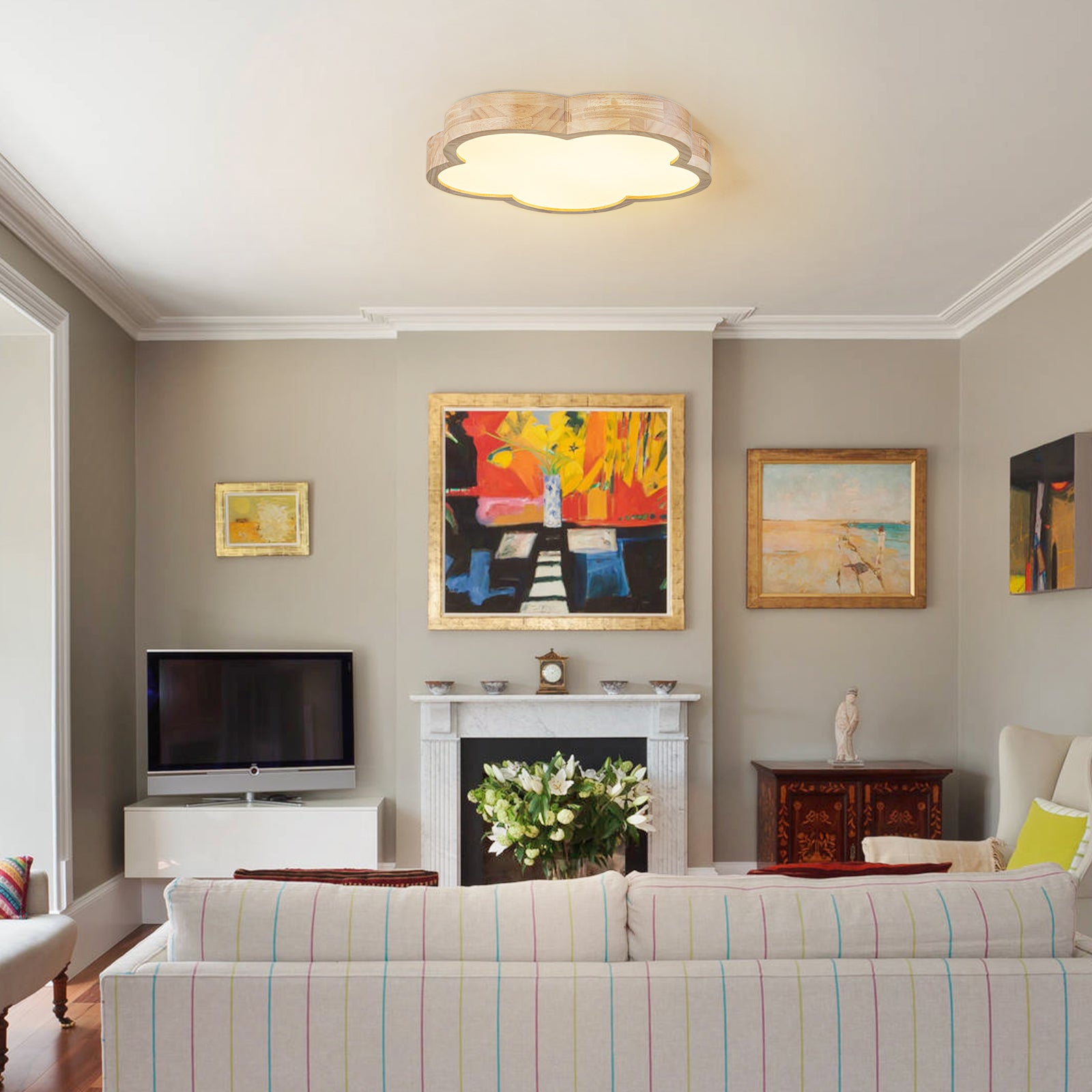 Glowlings 1-Light Modern 19"Wide Cloud-Shaped Organic Wood LED Flush Mount Ceiling Light