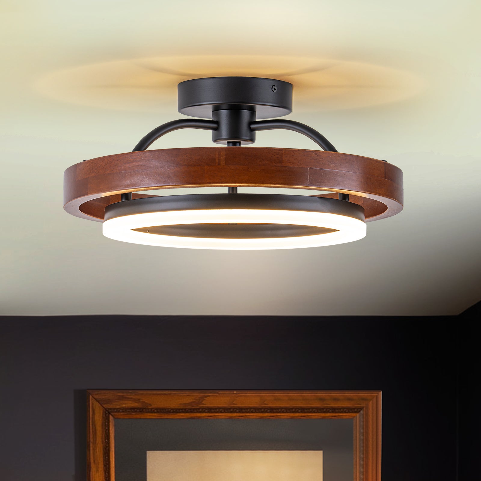Glowlings 1-Light Modern Dimmable Wooden Round Ring LED Semi-Flush Mount Ceiling Light
