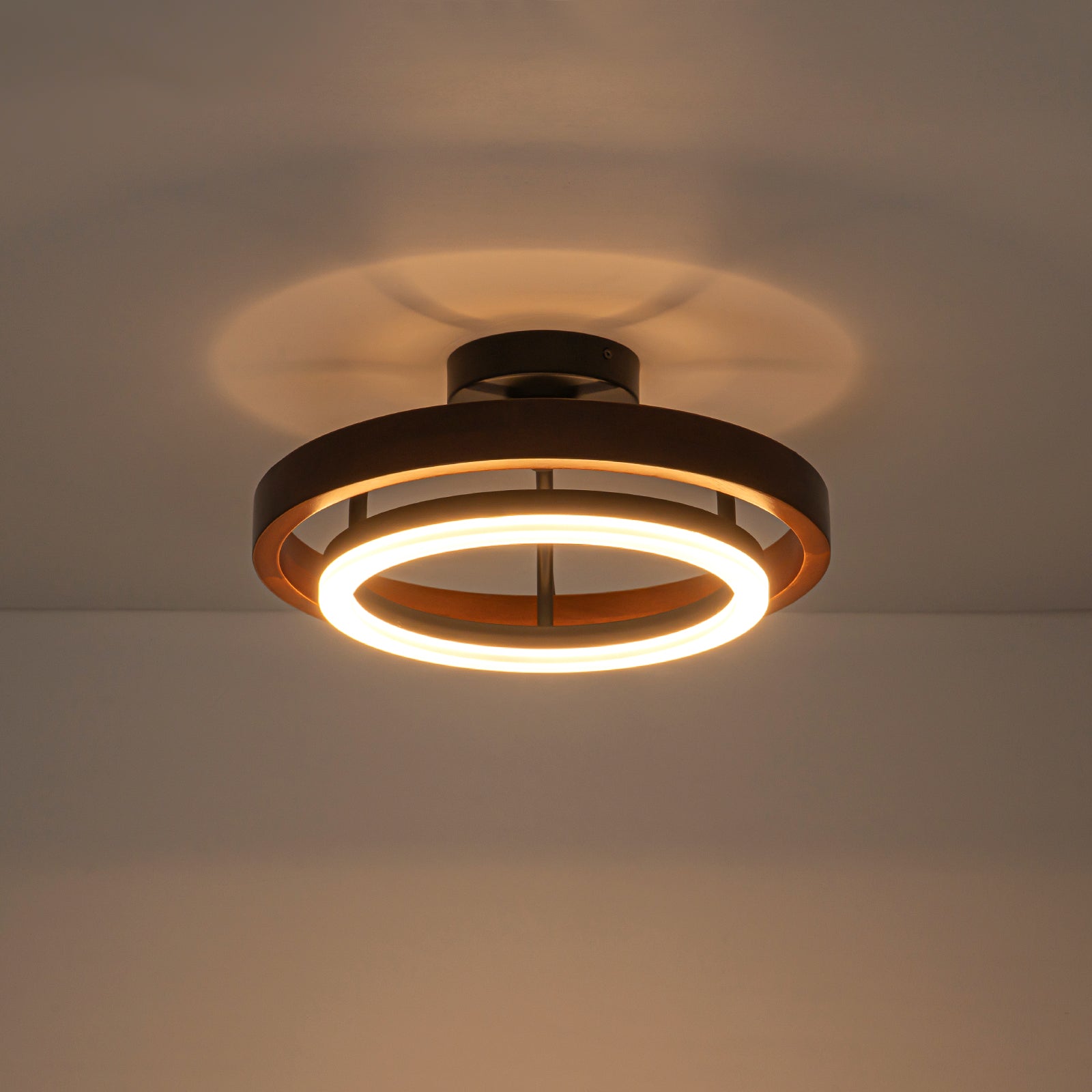 Glowlings 1-Light Modern Dimmable Wooden Round Ring LED Semi-Flush Mount Ceiling Light