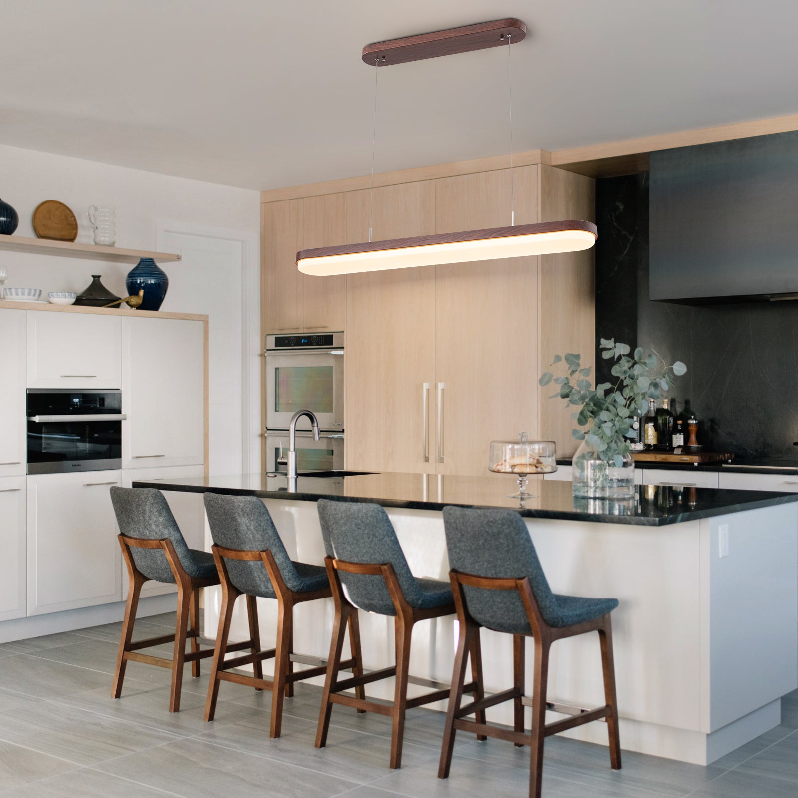 Glowlings 1-flammige, moderne, 99,1 cm breite, dimmbare LED-Pendelleuchte aus Holz mit DIP-Schalter