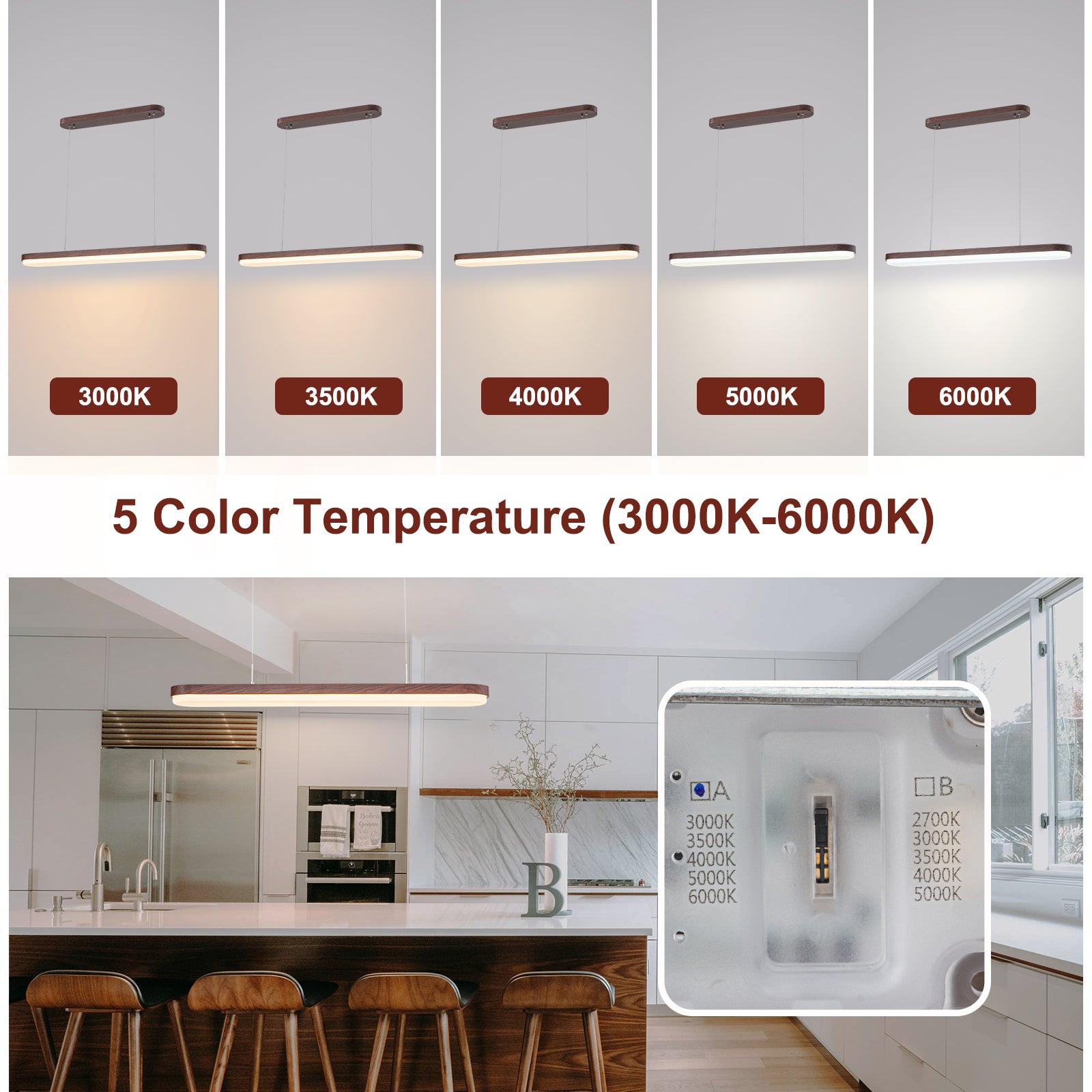 Glowlings 1-flammige, moderne, 99,1 cm breite, dimmbare LED-Pendelleuchte aus Holz mit DIP-Schalter