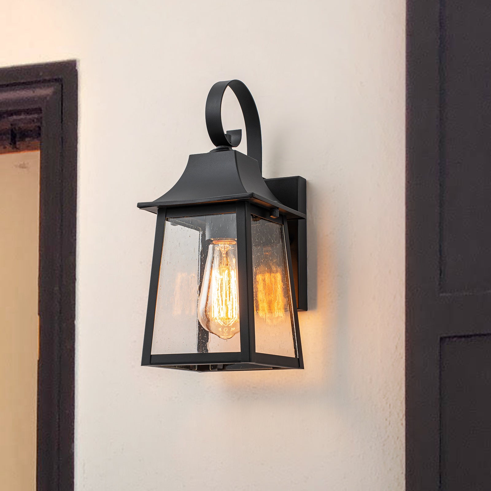 Glowlings 1-Light Modern Farmhouse 13"High IP23 Matte Black Seeded Glass Lantern Outdoor Wall Sconce