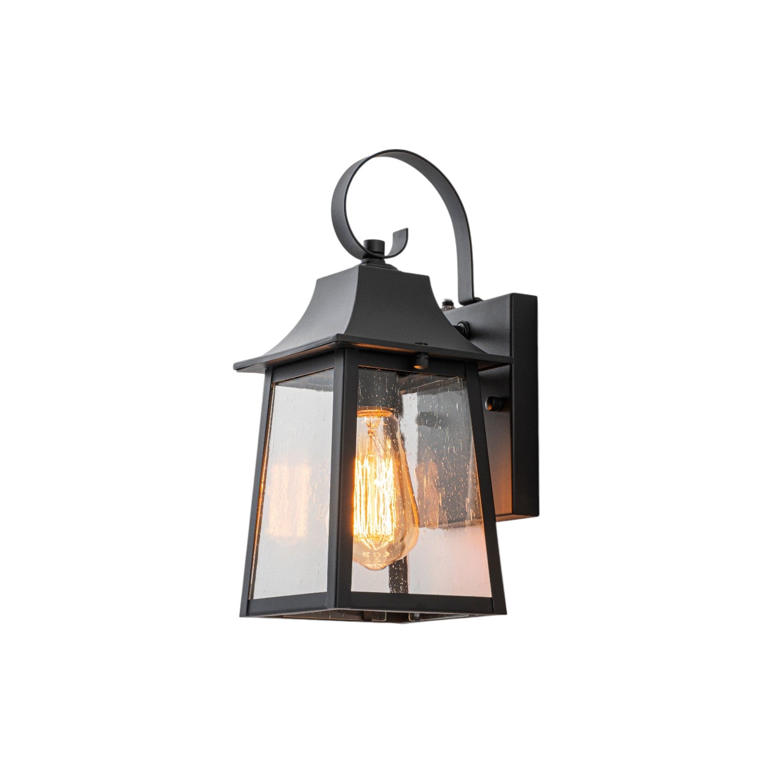 Glowlings 1-Light Modern Farmhouse 13"High IP23 Matte Black Seeded Glass Lantern Outdoor Wall Sconce