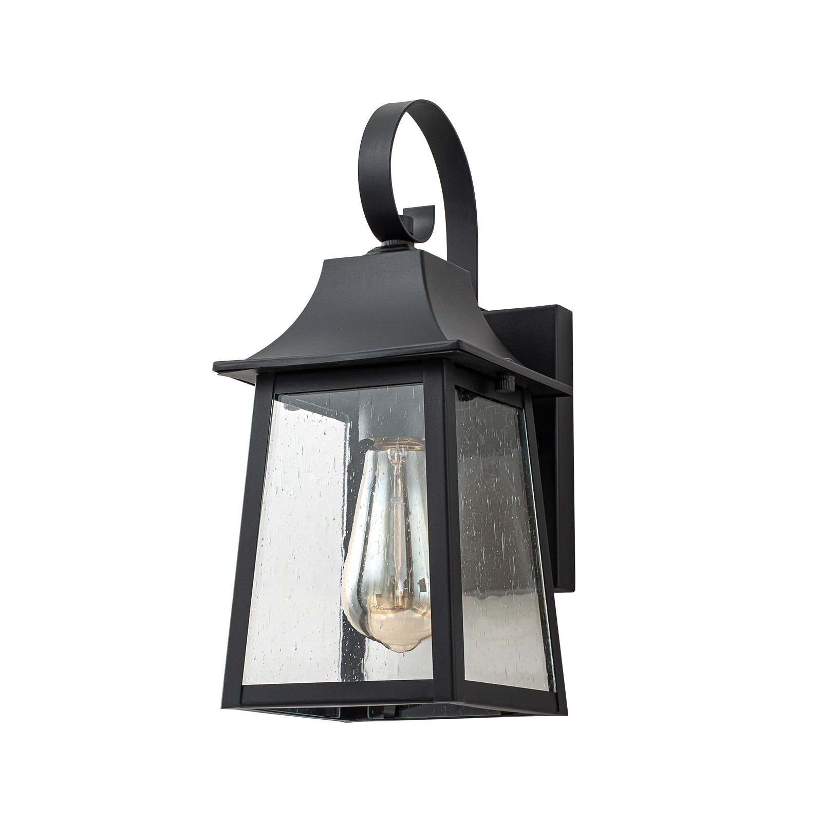Glowlings 1-Light Modern Farmhouse 13"High IP23 Matte Black Seeded Glass Lantern Outdoor Wall Sconce