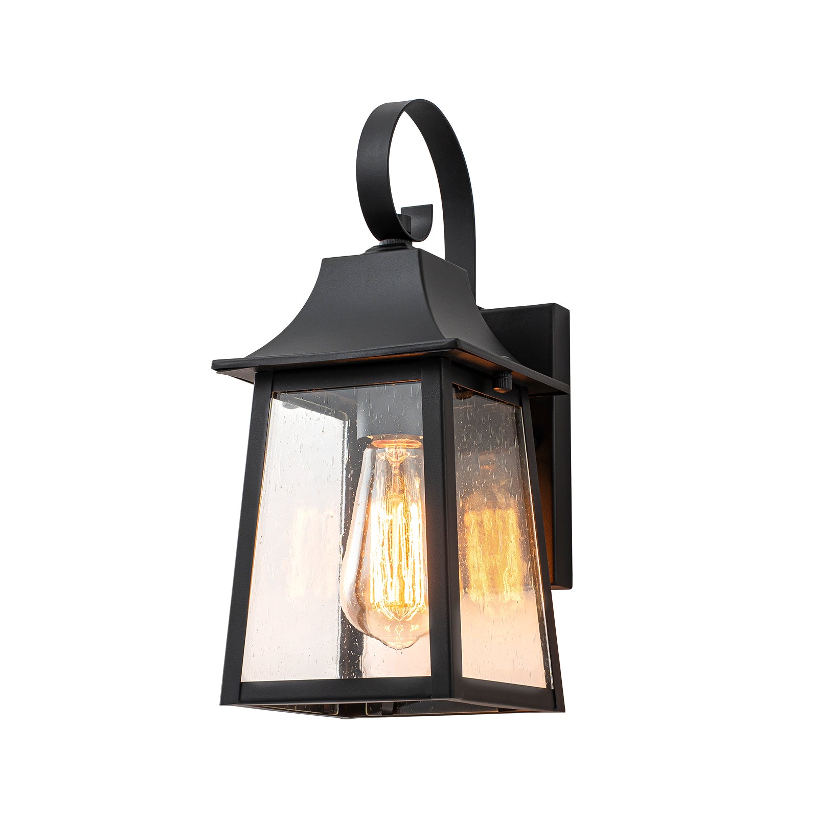 Glowlings 1-Light Modern Farmhouse 13"High IP23 Matte Black Seeded Glass Lantern Outdoor Wall Sconce