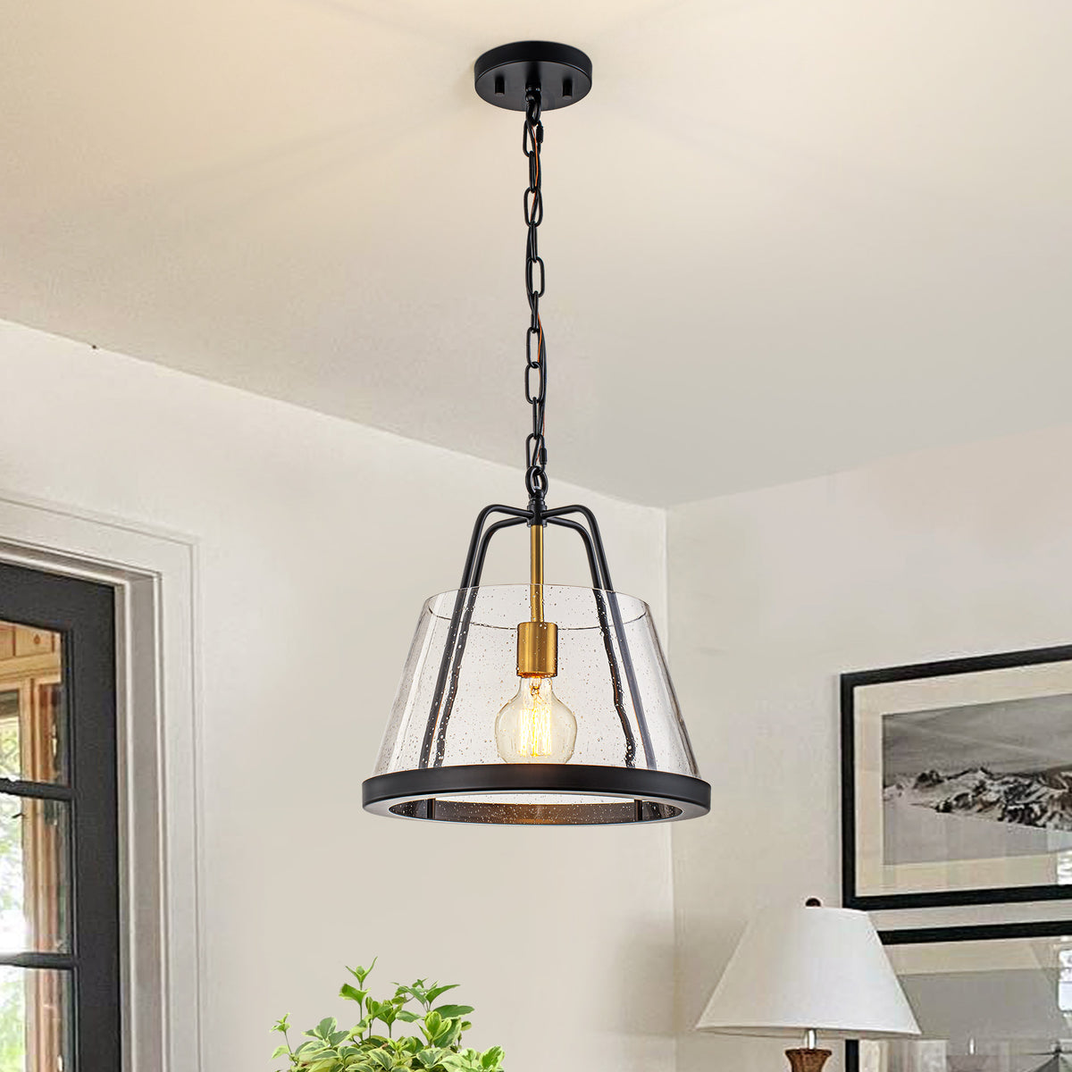 Glowlings 1-Light Modern Farmhouse Pendant Light - Matte Black Hanging Light Fixture with Seeded Glass Shade