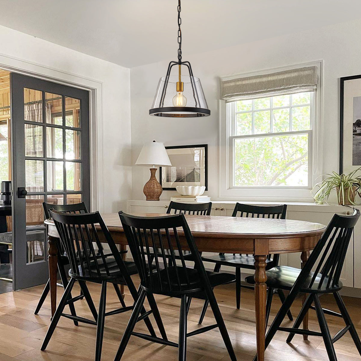 Glowlings 1-Light Modern Farmhouse Pendant Light - Matte Black Hanging Light Fixture with Seeded Glass Shade