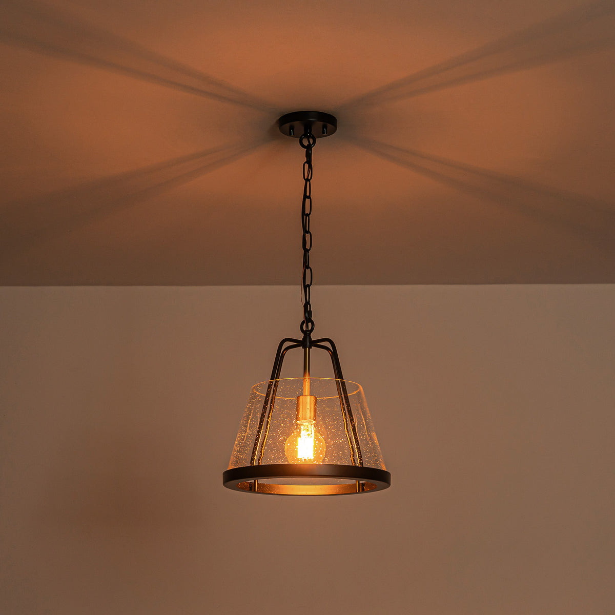 Glowlings 1-Light Modern Farmhouse Pendant Light - Matte Black Hanging Light Fixture with Seeded Glass Shade