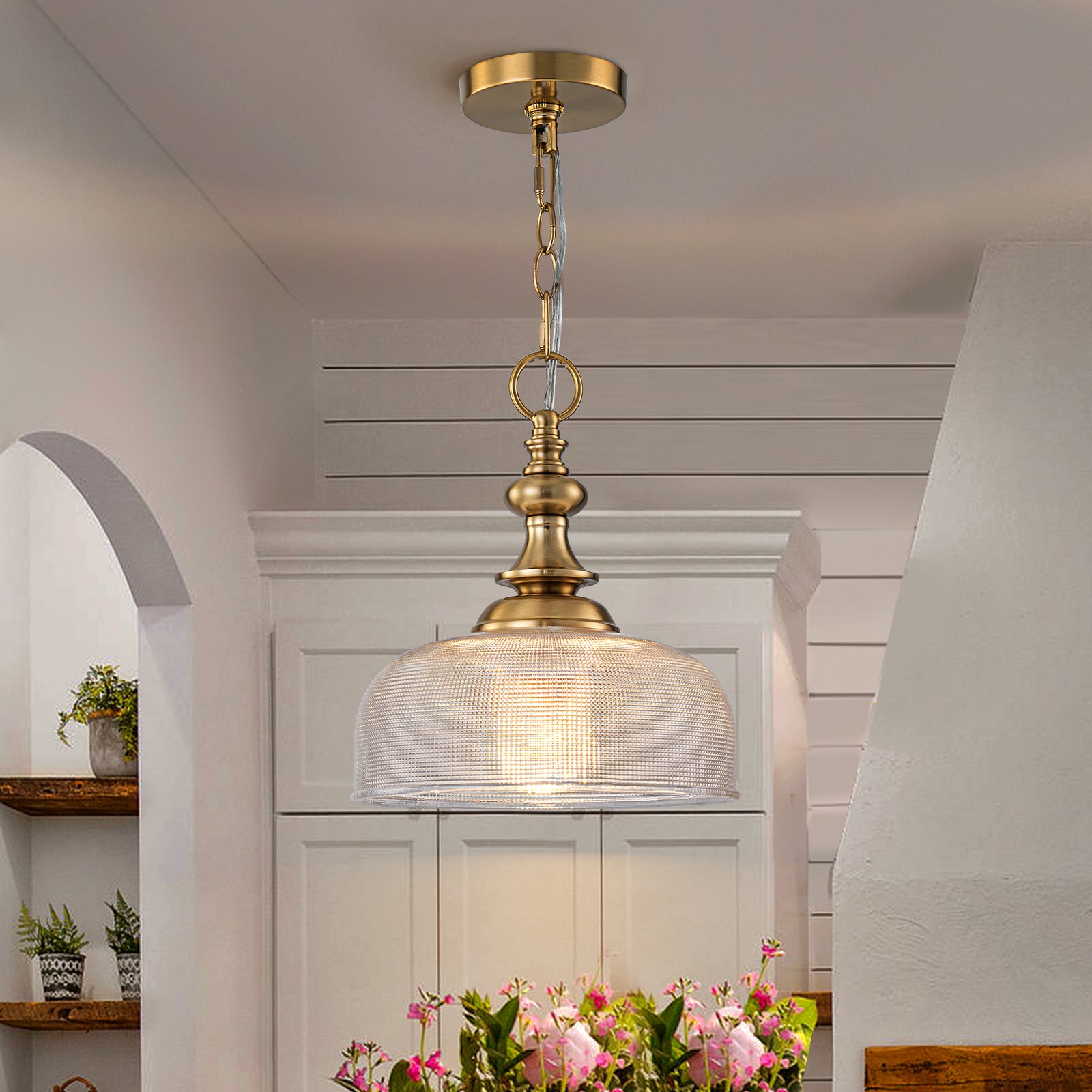 Glowlings 1-Light Modern 11"Wide Gold Prismatic Clear Glass Dome Pendant Light/Semi-Flush Mount