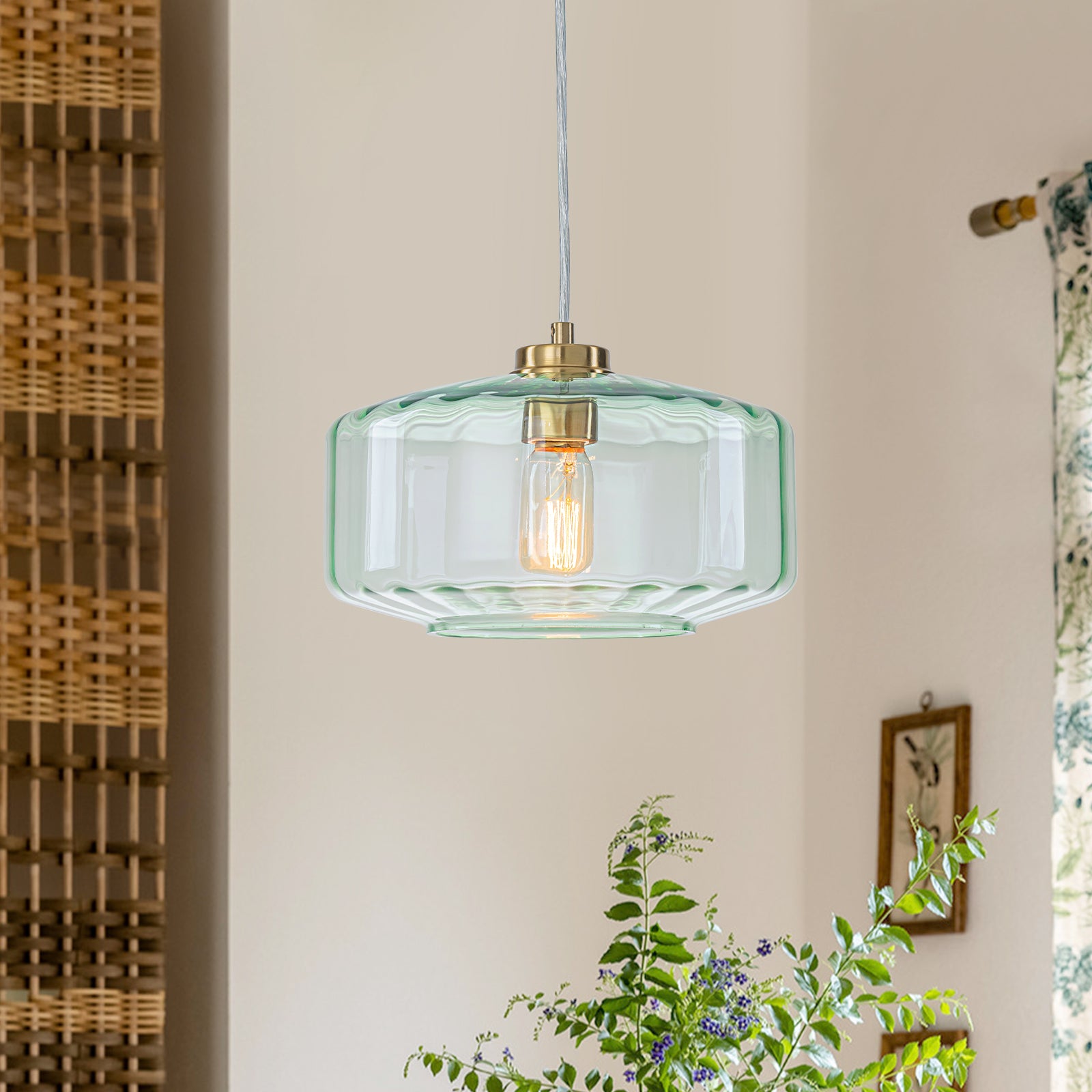 Glowlings 1-Light Modern 11"Wide Green Ribbed Glass Lantern Pendant Light Island Light
