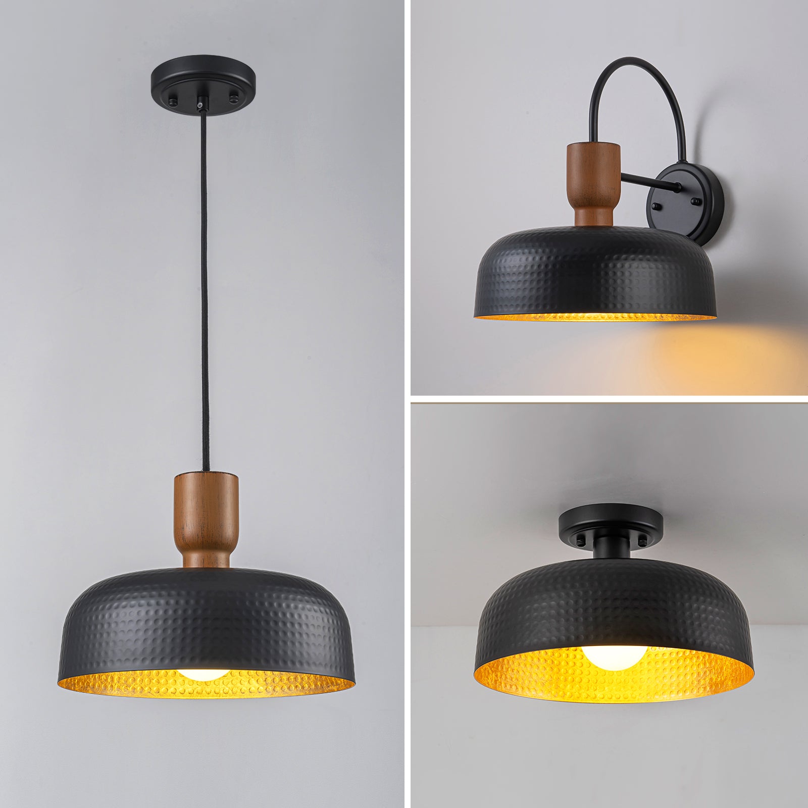 Glowlings 1-flammige, moderne, 30,5 cm breite, gehämmerte, schwarze Kuppel-Deckenleuchte zur halbbündigen Montage