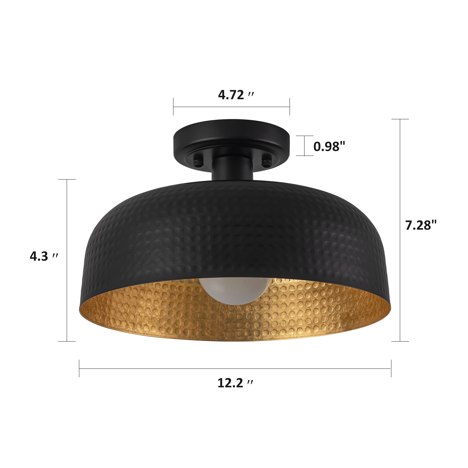 Glowlings 1-flammige, moderne, 30,5 cm breite, gehämmerte, schwarze Kuppel-Deckenleuchte zur halbbündigen Montage