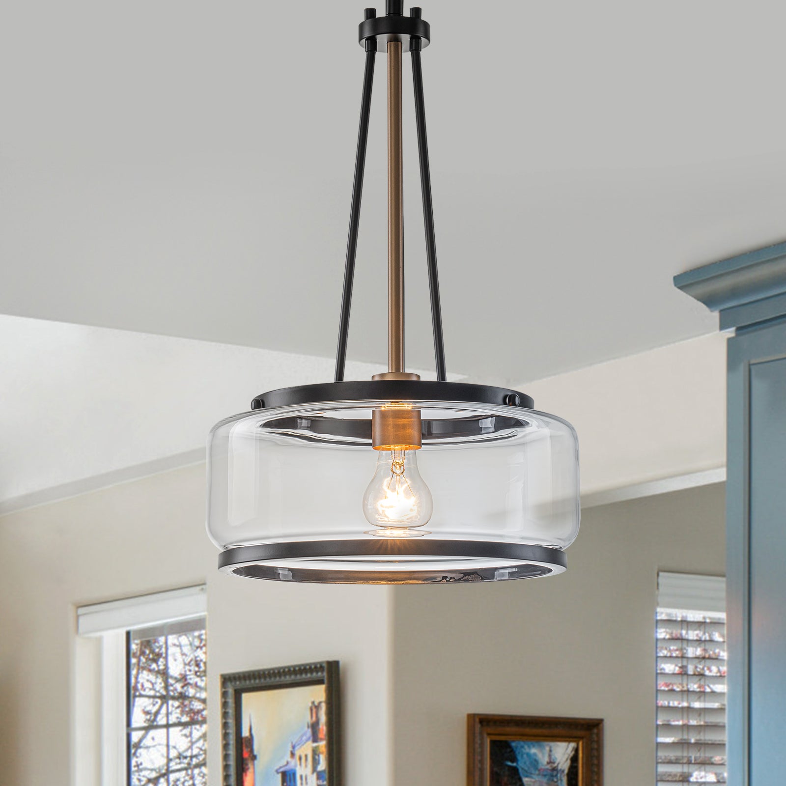 Glowlings 1-Light Industrial Matte Black Clear Glass Drum Pendant Light Converts To Semi-Flush Mount
