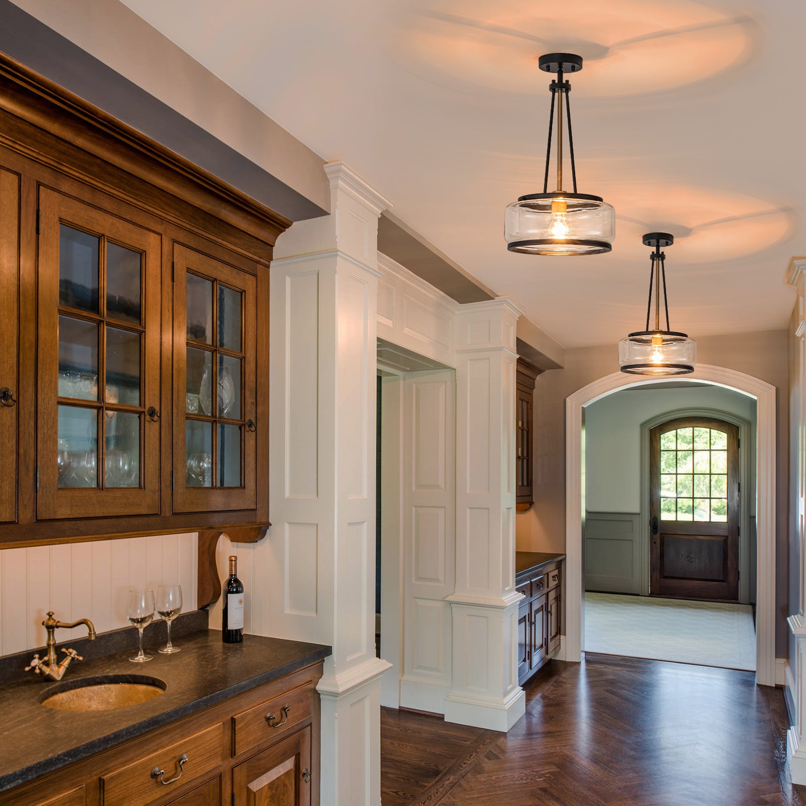 Glowlings 1-Light Industrial Matte Black Clear Glass Drum Pendant Light Converts To Semi-Flush Mount