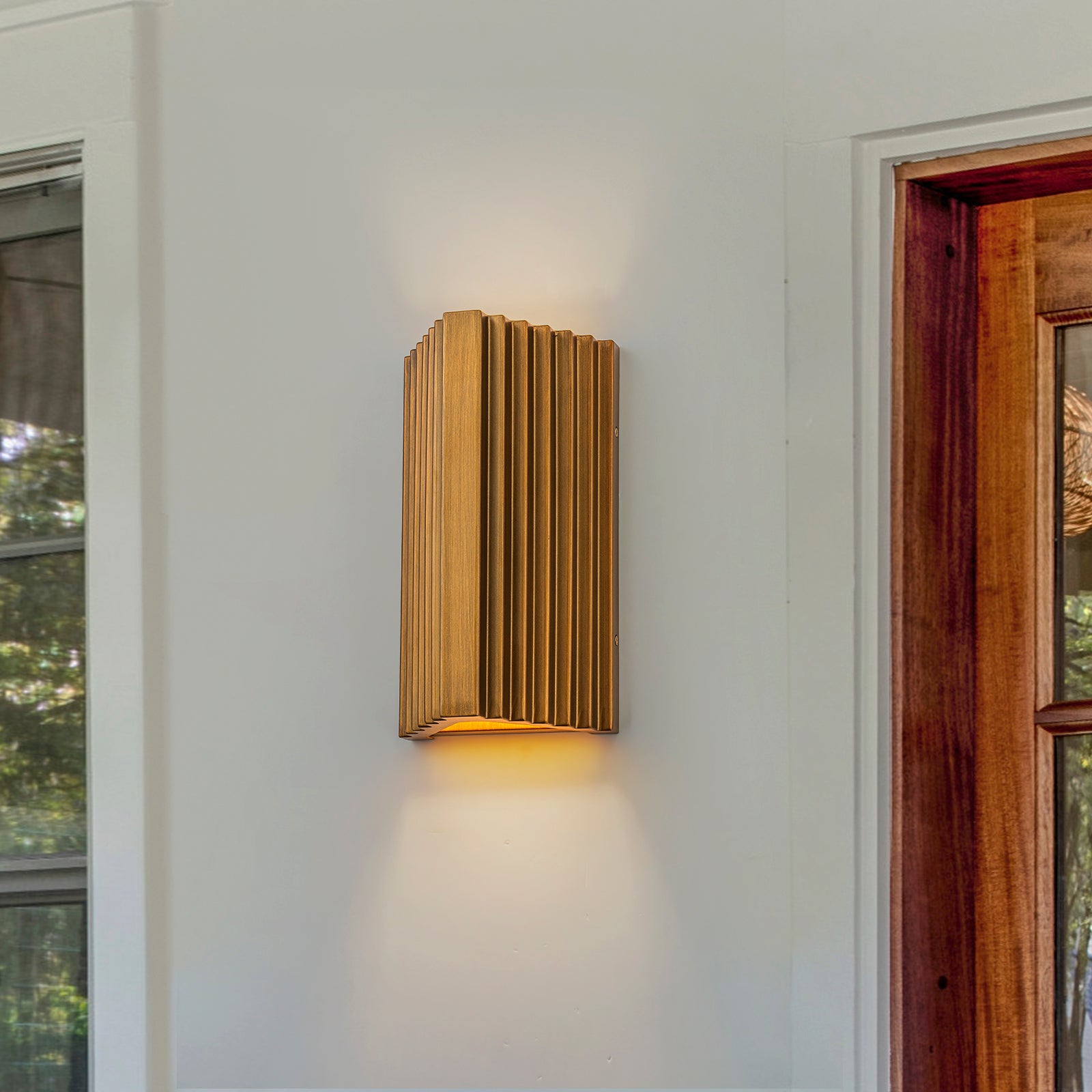 Glowlings 1-Light Modern 10"High IP65 Hand-Brushed Antique Gold Ribbed Fluted Triangle LED Outdoor Wall Sconce