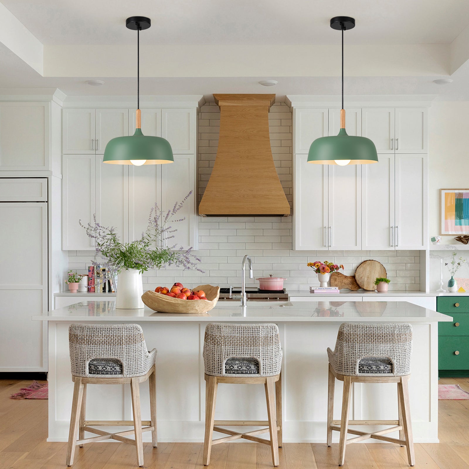 Glowlings 1-Light Modern 13"Wide Macaron Green Wood Dome Pendant Light