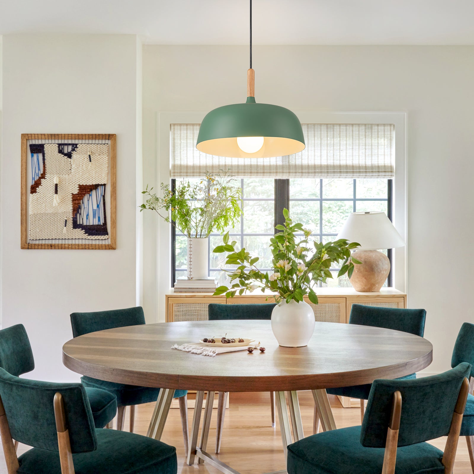 Glowlings 1-Light Modern 13"Wide Macaron Green Wood Dome Pendant Light