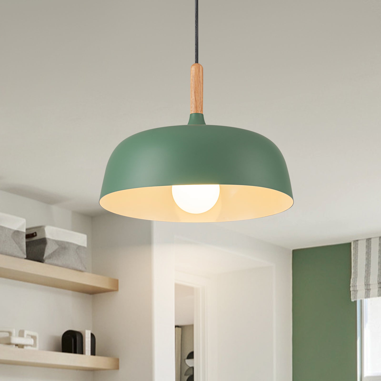 Glowlings 1-Light Modern 13"Wide Macaron Green Wood Dome Pendant Light