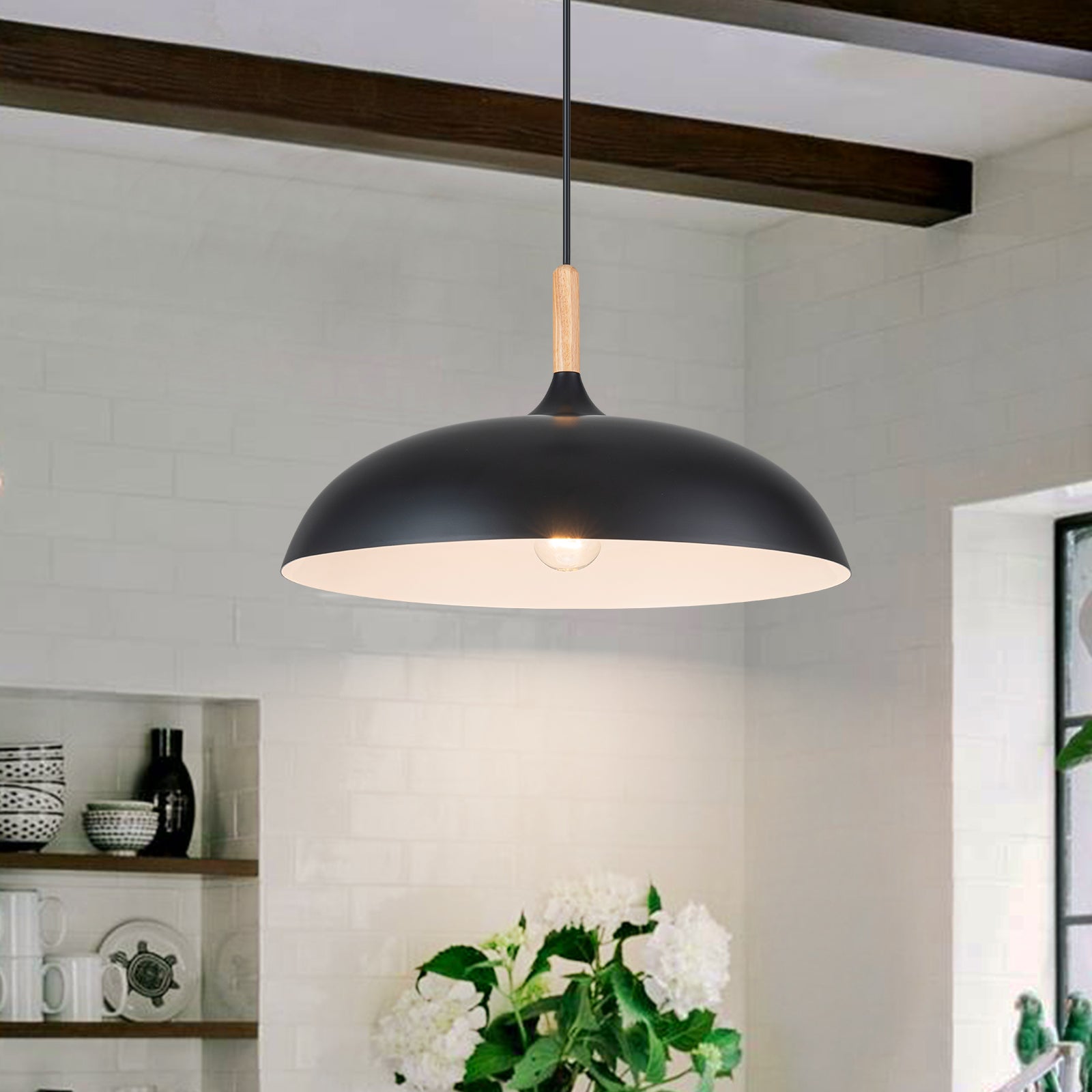 Glowlings 1-Light Modern 18"Wide Matte Black Wood Dome Pendant Light Island Light