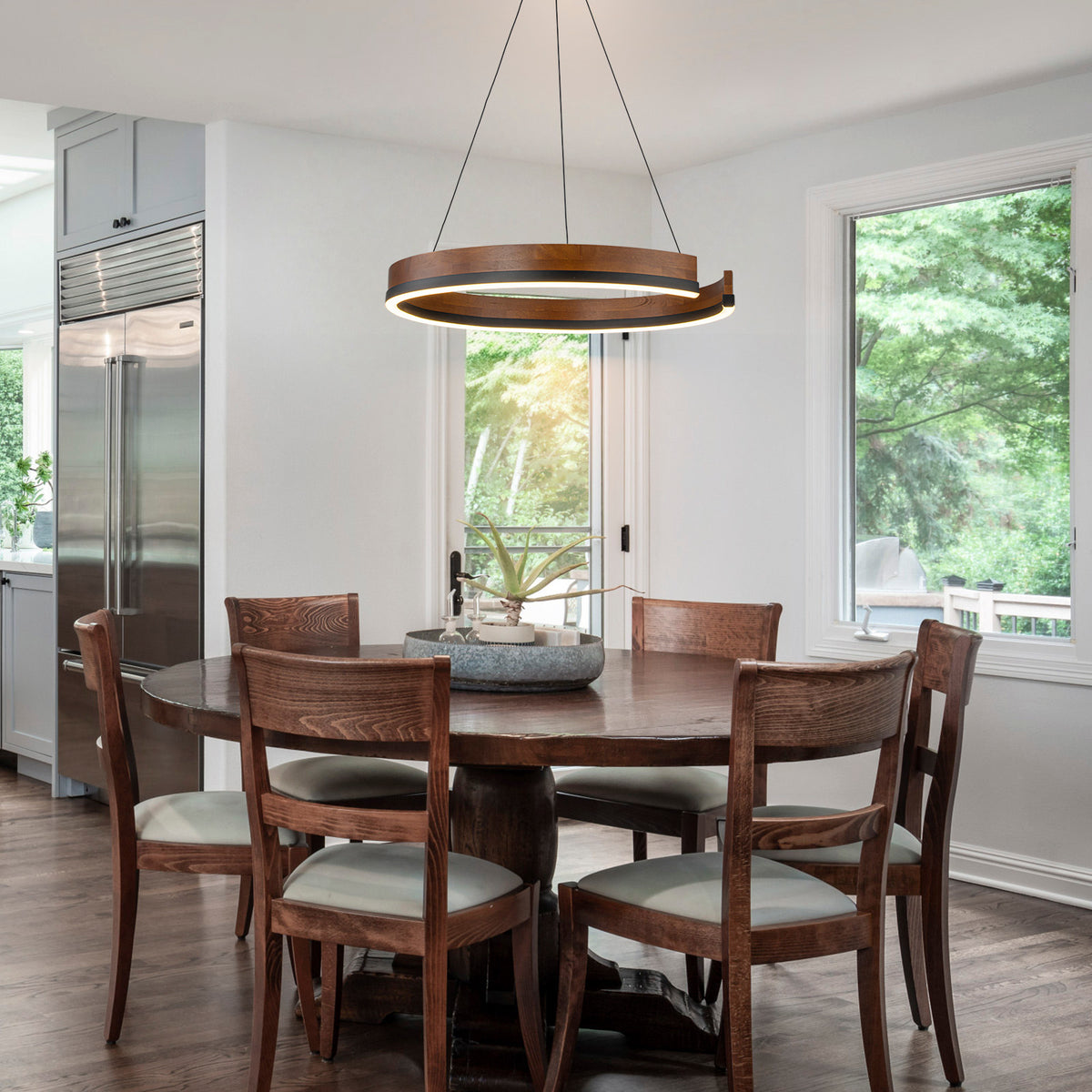 Glowlings 1-Light Modern 24"Wide Open Ring 3000K Dimmable LED Walnut Wood Pendant Light