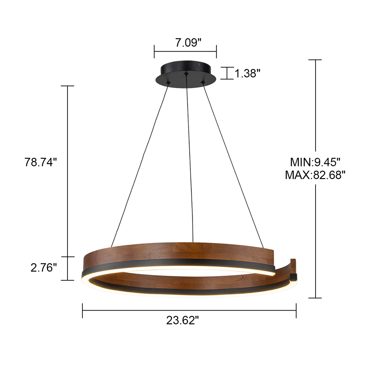 Glowlings 1-Light Modern 24"Wide Open Ring 3000K Dimmable LED Walnut Wood Pendant Light