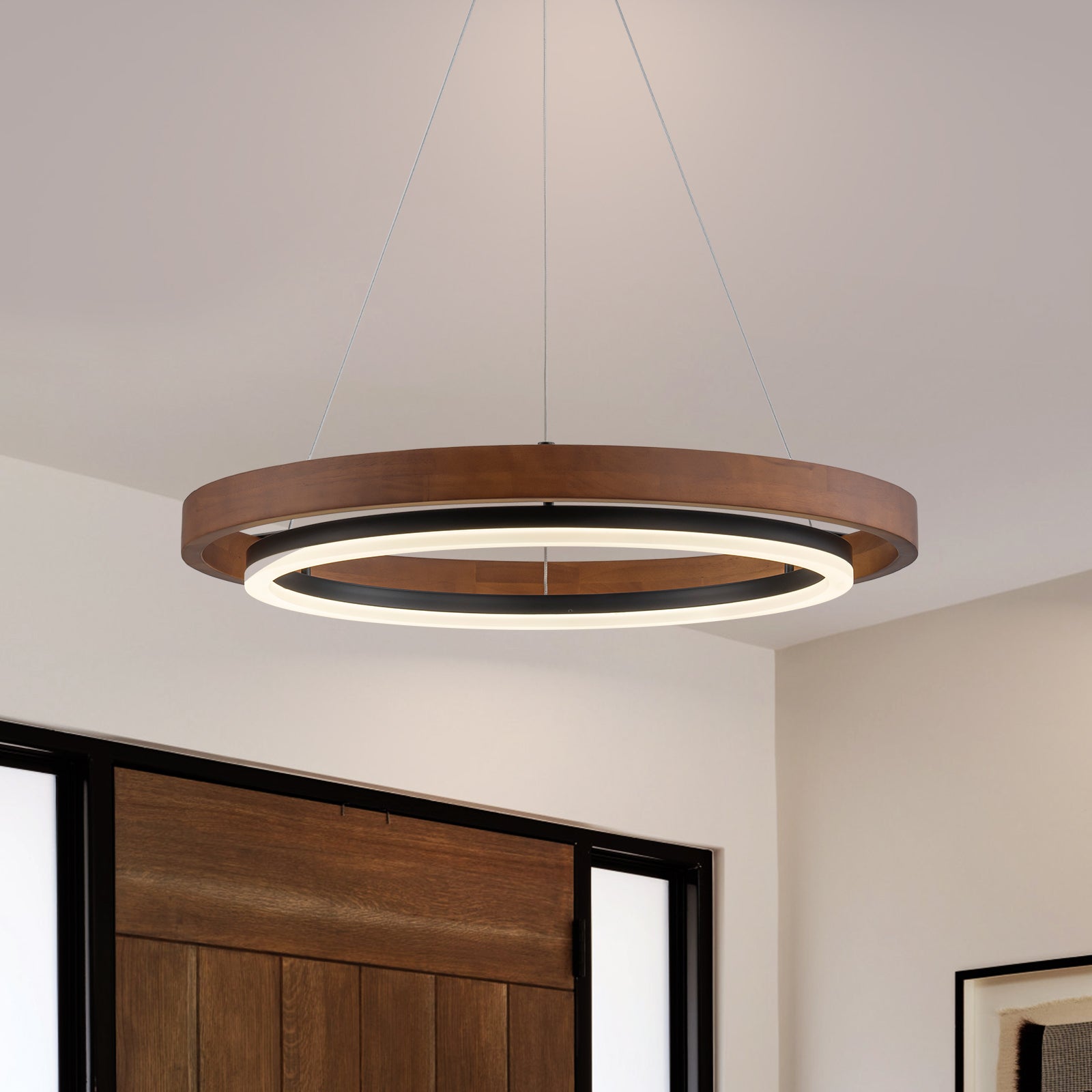 Glowlings 1-flammiger moderner 24" breiter runder LED-Kronleuchter aus Walnussholz