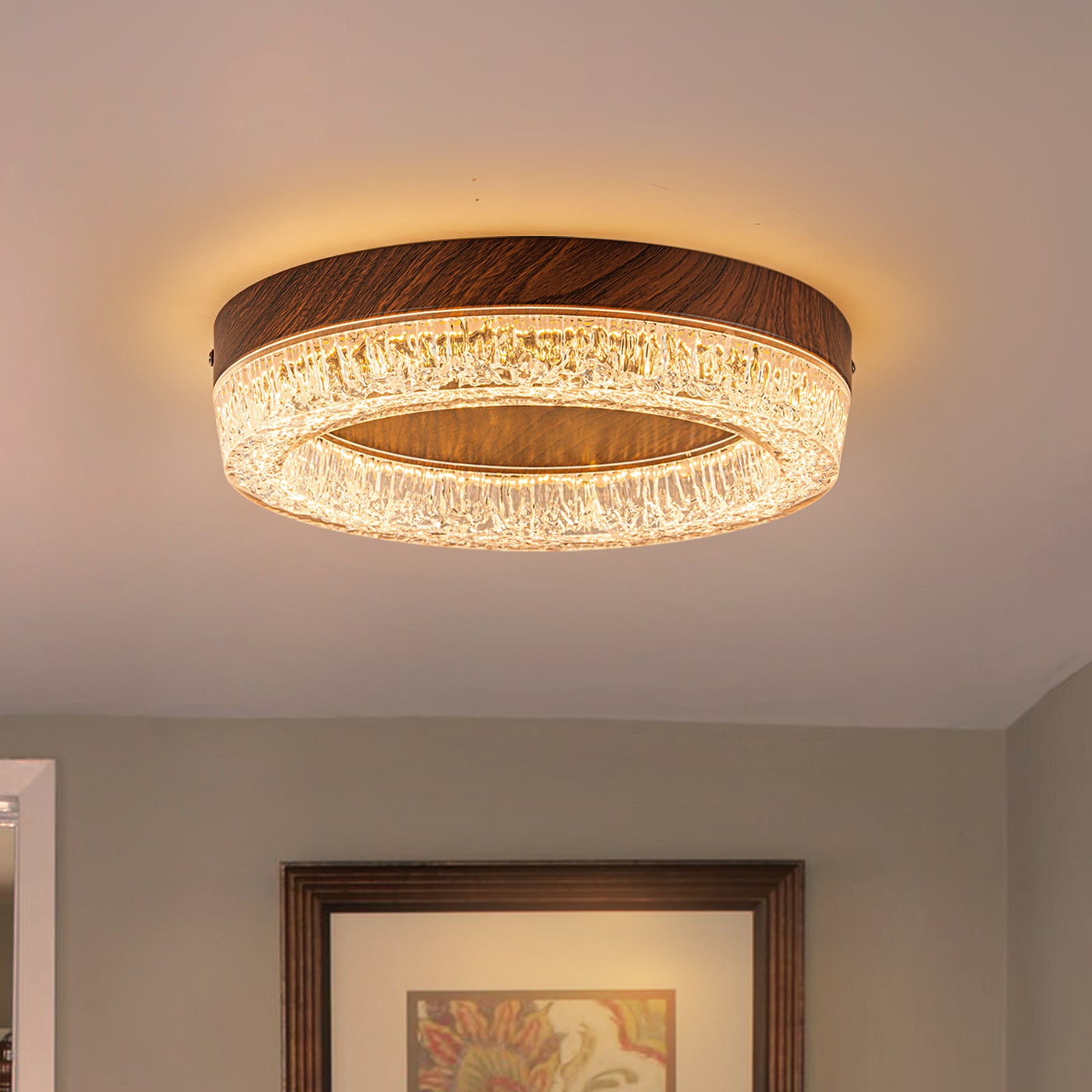 Glowlings 1-Light Modern Rippled Water Effect Round Walnut Wood LED Flush Mount Ceiling Light