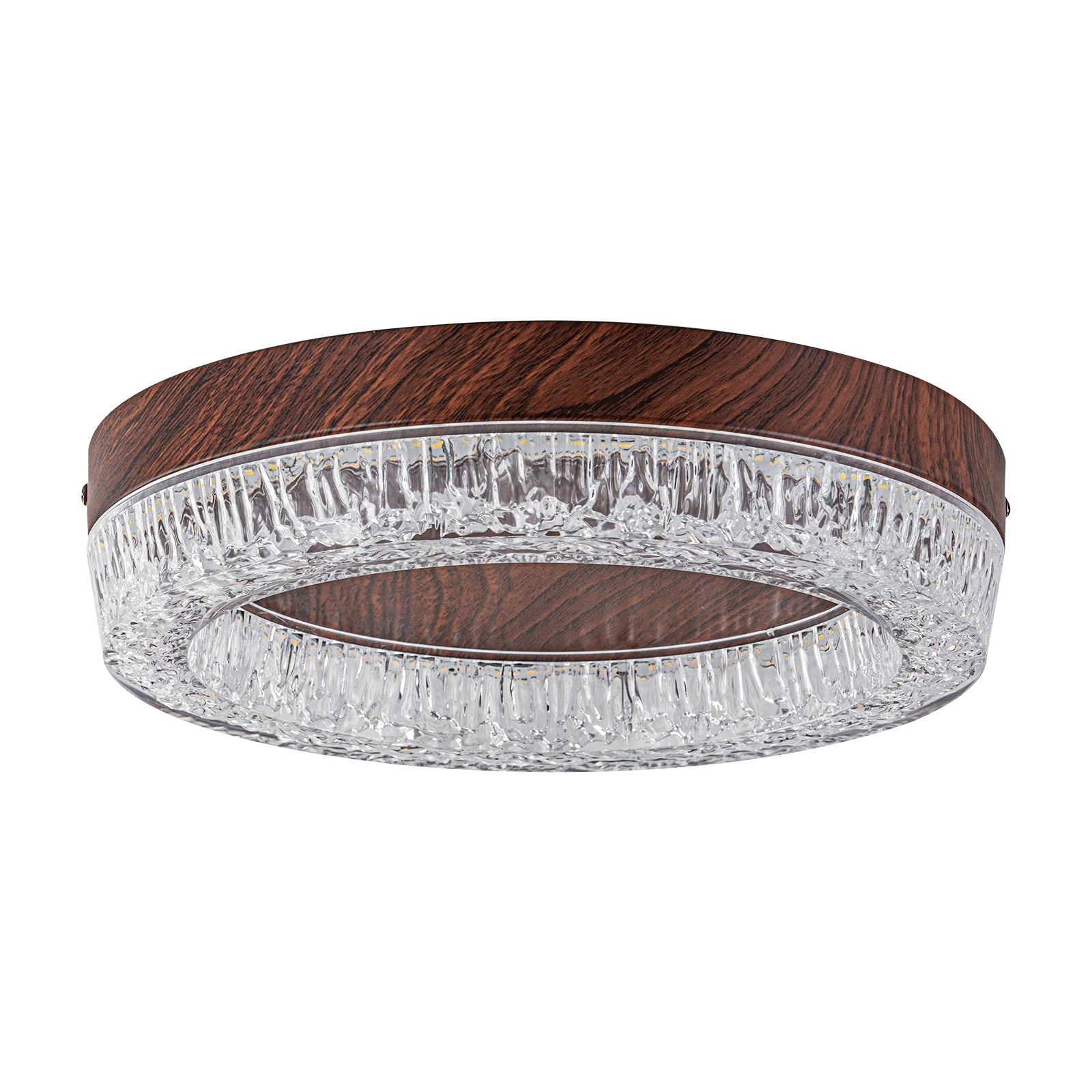 Glowlings 1-Light Modern Rippled Water Effect Round Walnut Wood LED Flush Mount Ceiling Light