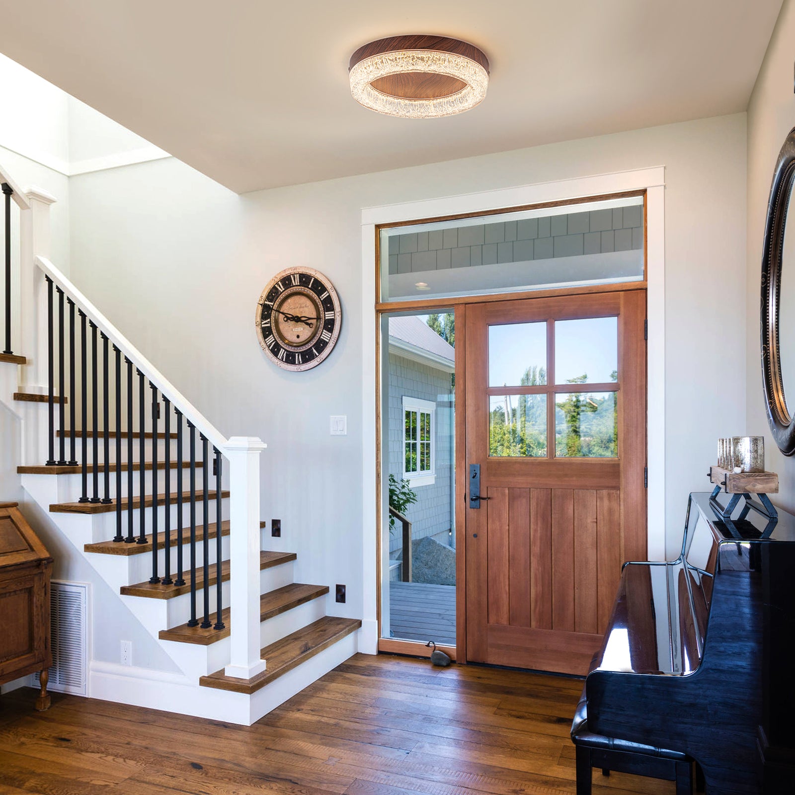 Glowlings 1-Light Modern Rippled Water Effect Round Walnut Wood LED Flush Mount Ceiling Light