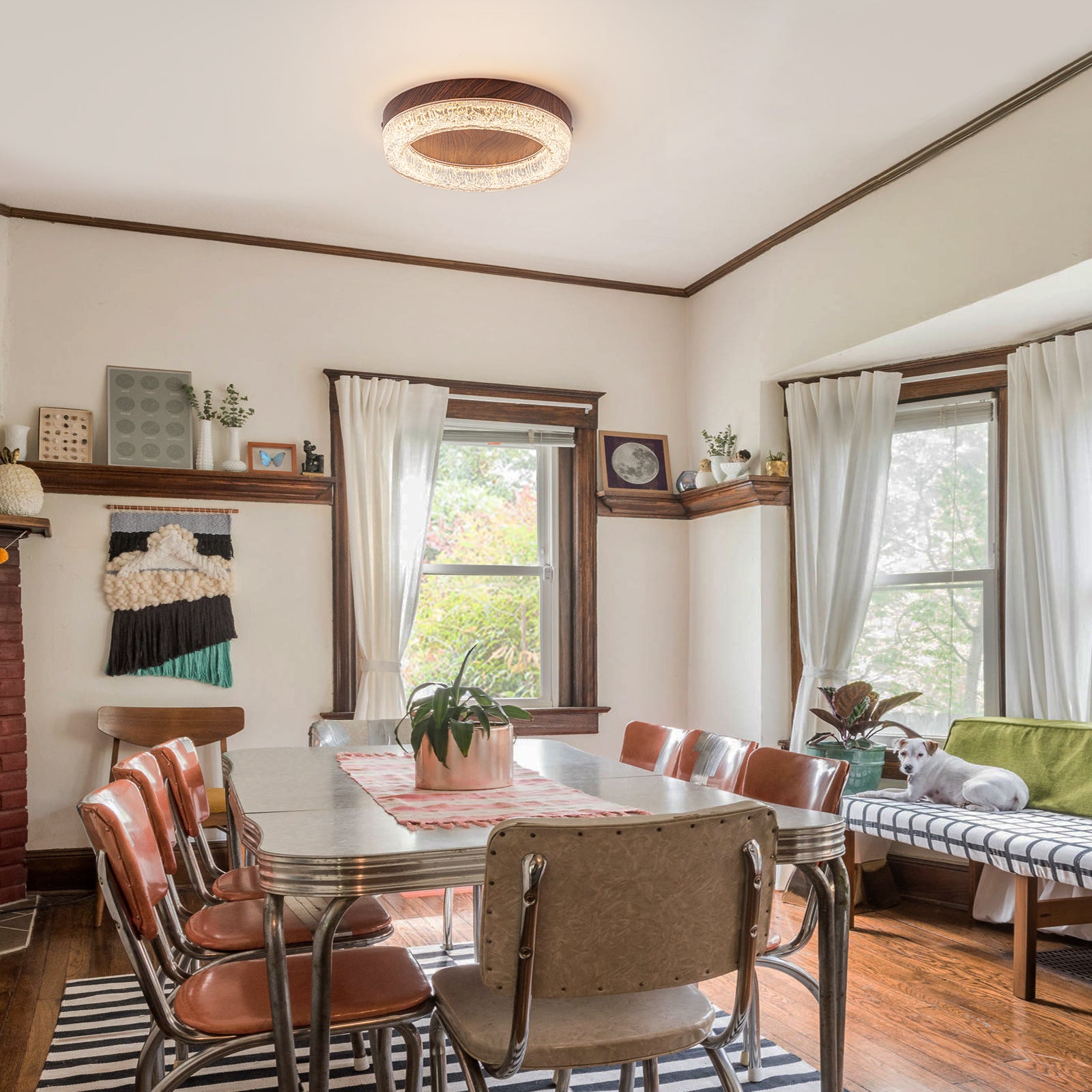 Glowlings 1-Light Modern Rippled Water Effect Round Walnut Wood LED Flush Mount Ceiling Light