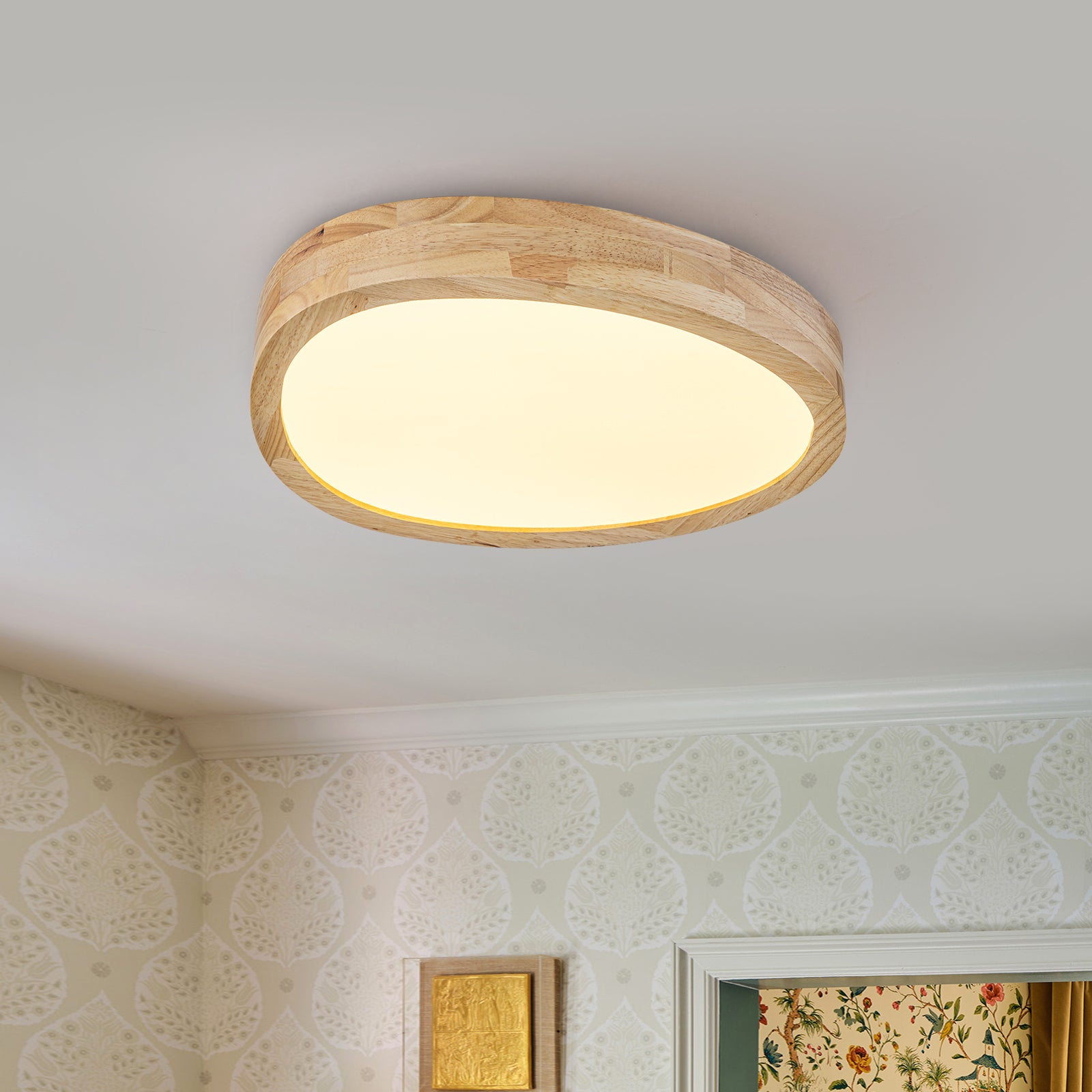 Glowlings 1-Light Modern 15"Wide Round Organic Wood LED Flush Mount Low Profile Ceiling Light