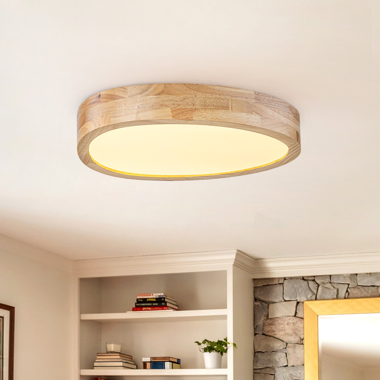Glowlings 1-Light Modern 15"Wide Round Organic Wood LED Flush Mount Low Profile Ceiling Light