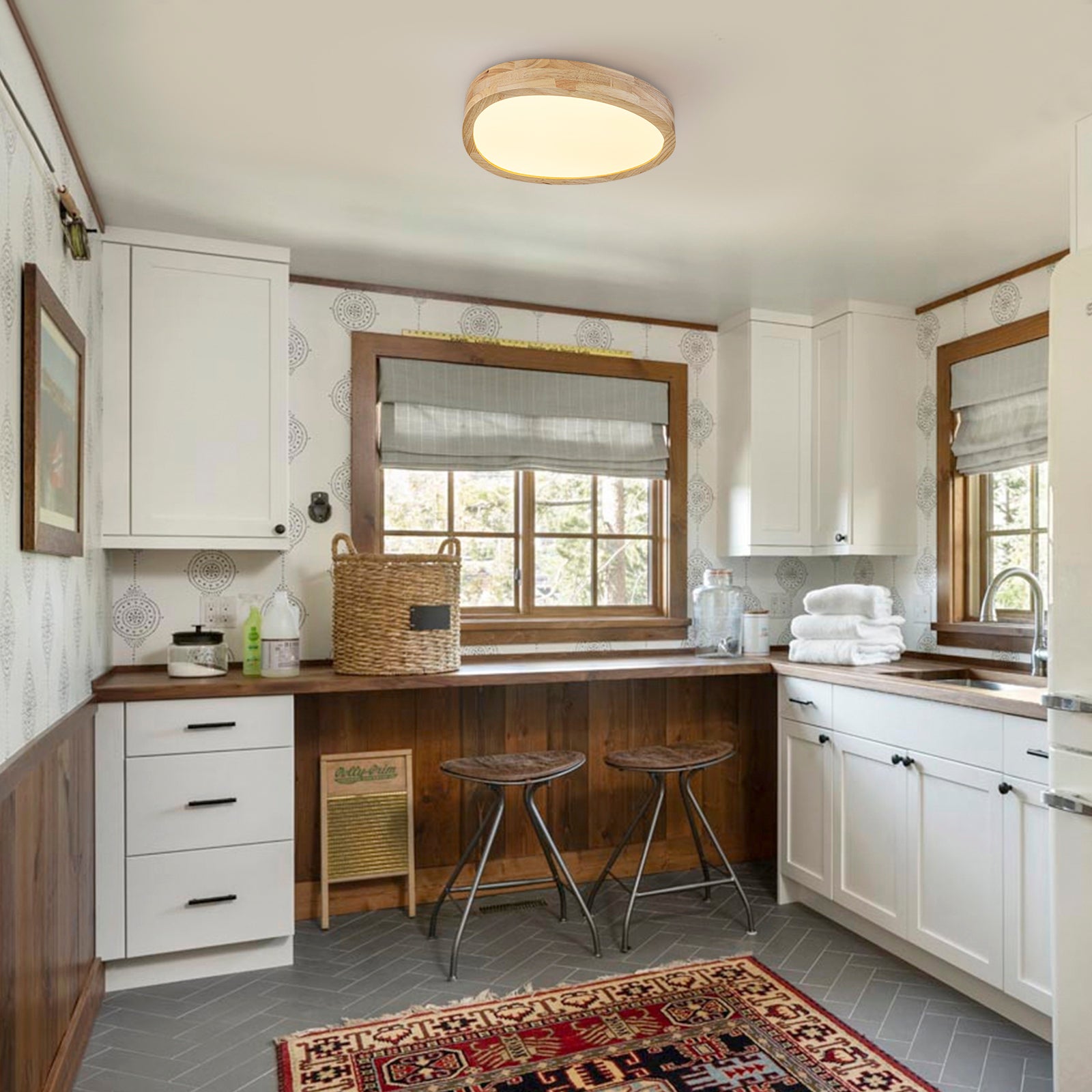 Glowlings 1-Light Modern 15"Wide Round Organic Wood LED Flush Mount Low Profile Ceiling Light