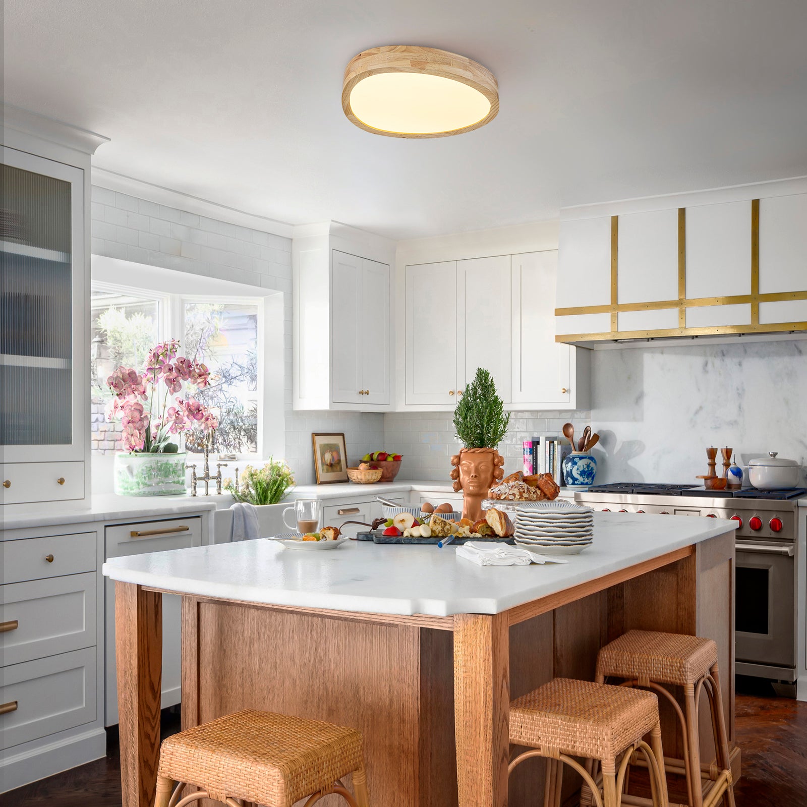 Glowlings 1-Light Modern 15"Wide Round Organic Wood LED Flush Mount Low Profile Ceiling Light