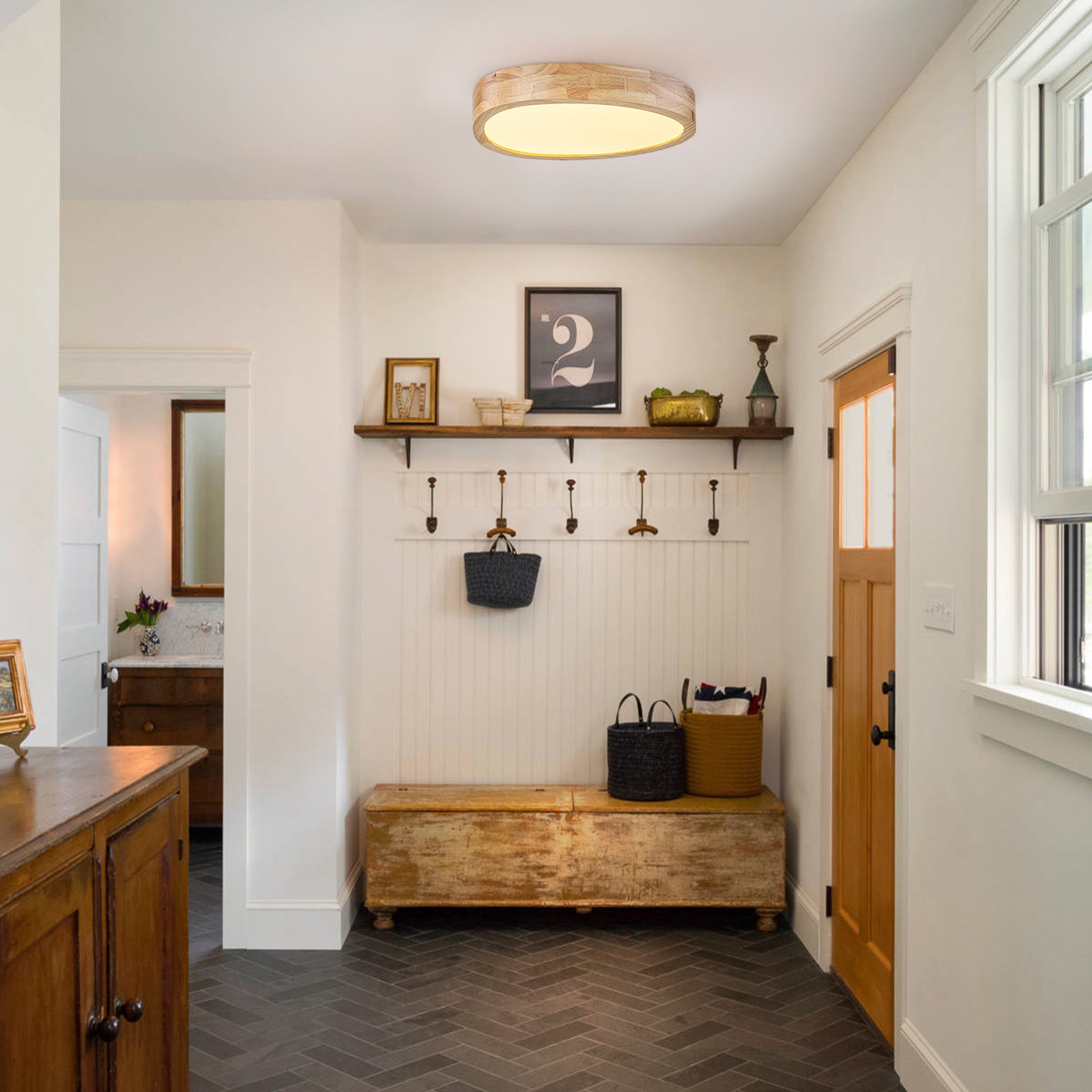 Glowlings 1-Light Modern 15"Wide Round Organic Wood LED Flush Mount Low Profile Ceiling Light