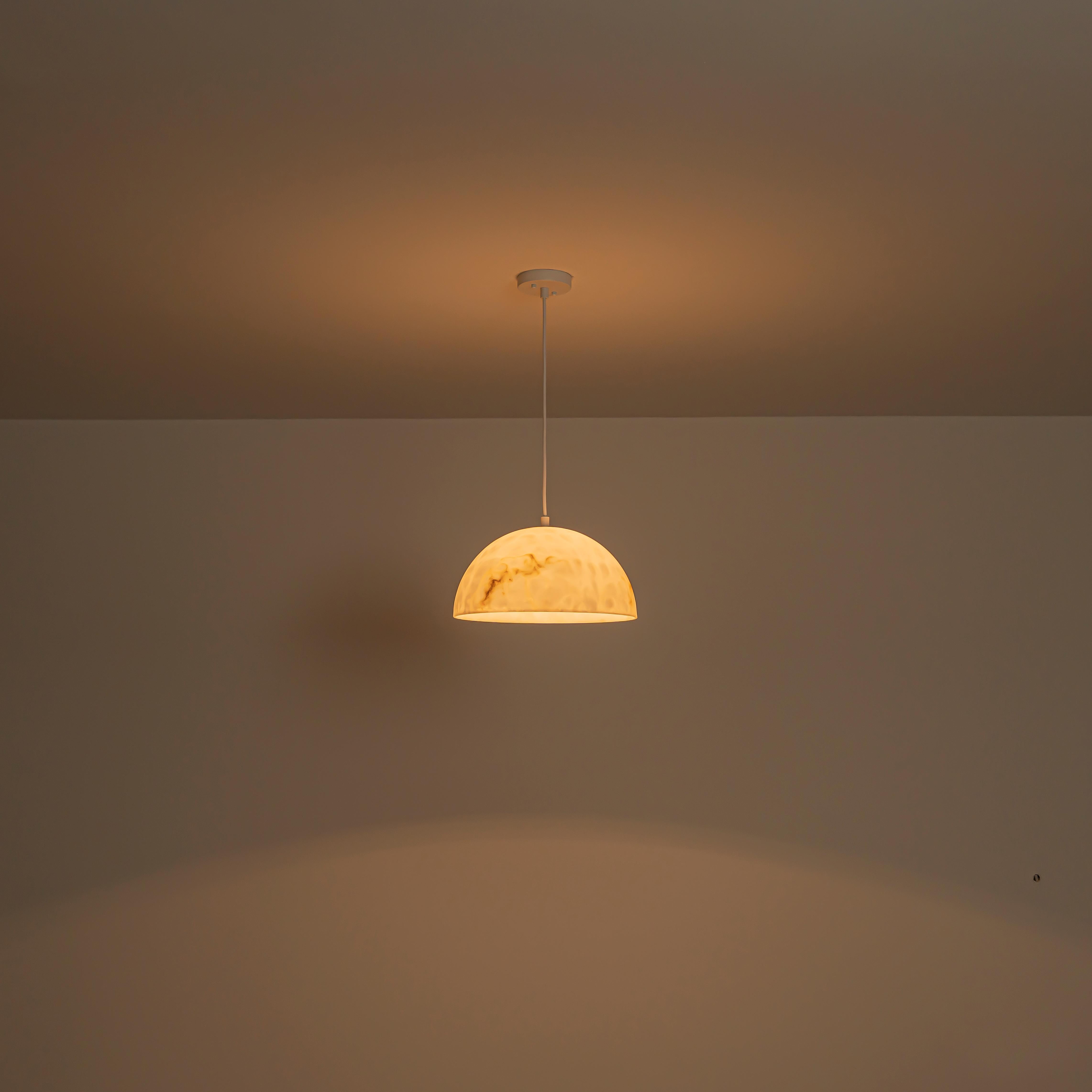Glowlings 1-Light Modern White Faux Alabaster Marble Bowl Hanging Dome Pendant Light Island Light
