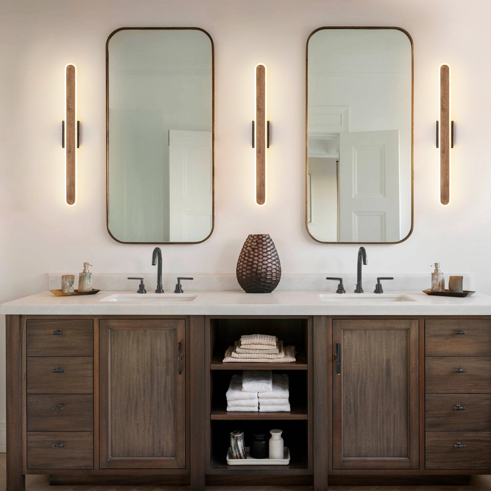 Glowlings 1-Light Organic Modern 36"High Wooden Walnut Finish Linear LED Wall Sconce