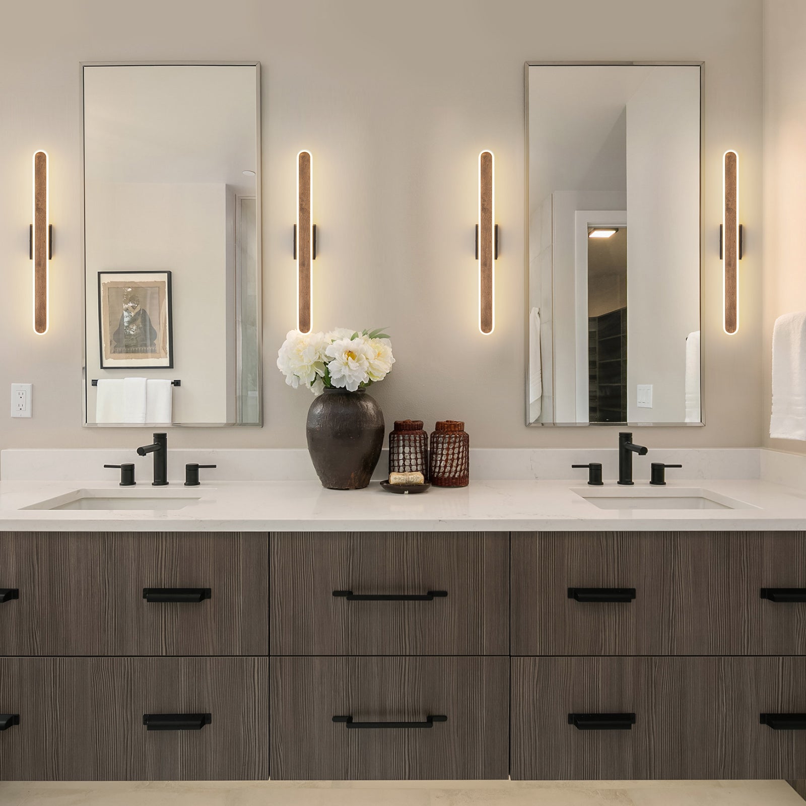 Glowlings 1-Light Organic Modern 36"High Wooden Walnut Finish Linear LED Wall Sconce