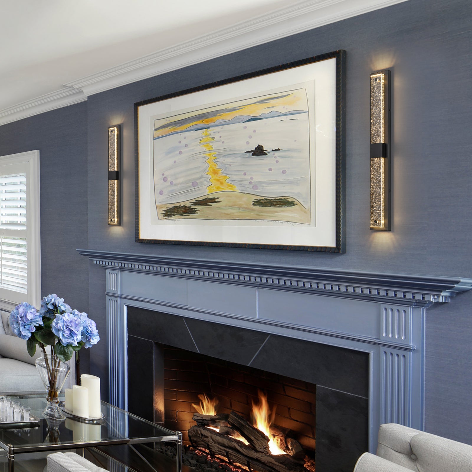 Glowlings 1-Light 32"High Rectangle Black Seeded Crystal LED Indoor/Outdoor Wall Sconce